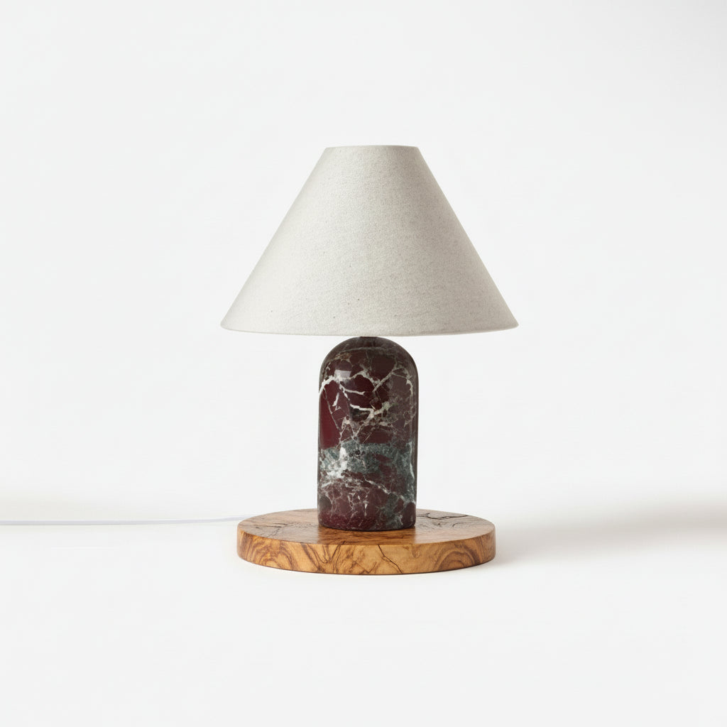 Japandi Red Marble Table Lamp with Linen Shade | Minimalist Bedside Casalolalights Luxury Lamps for Interior Designers