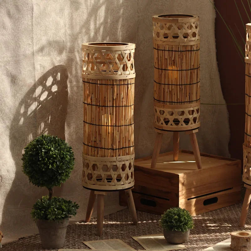 Bamboo lattice lamp casting light and shadow on a wall