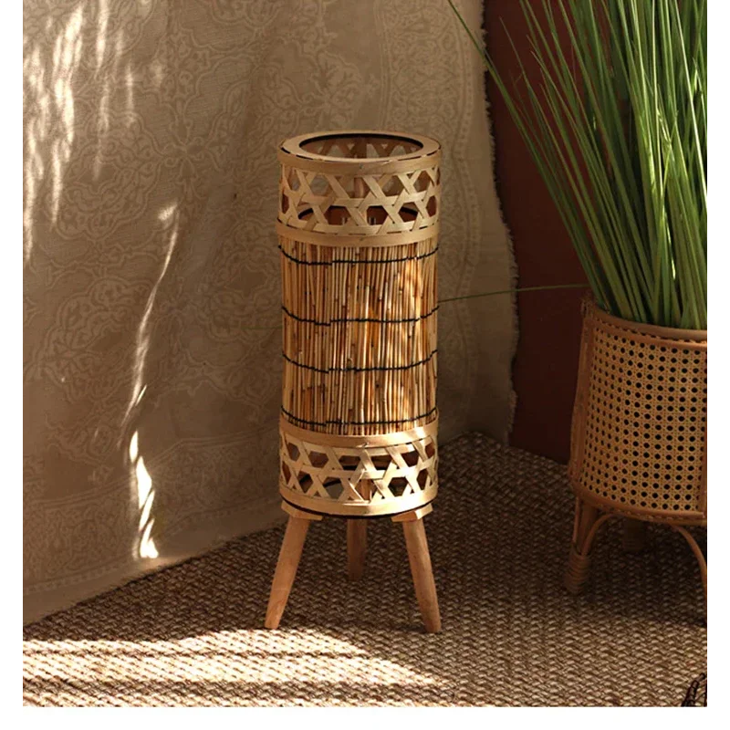 Bamboo tower lamp trio in a calm living space