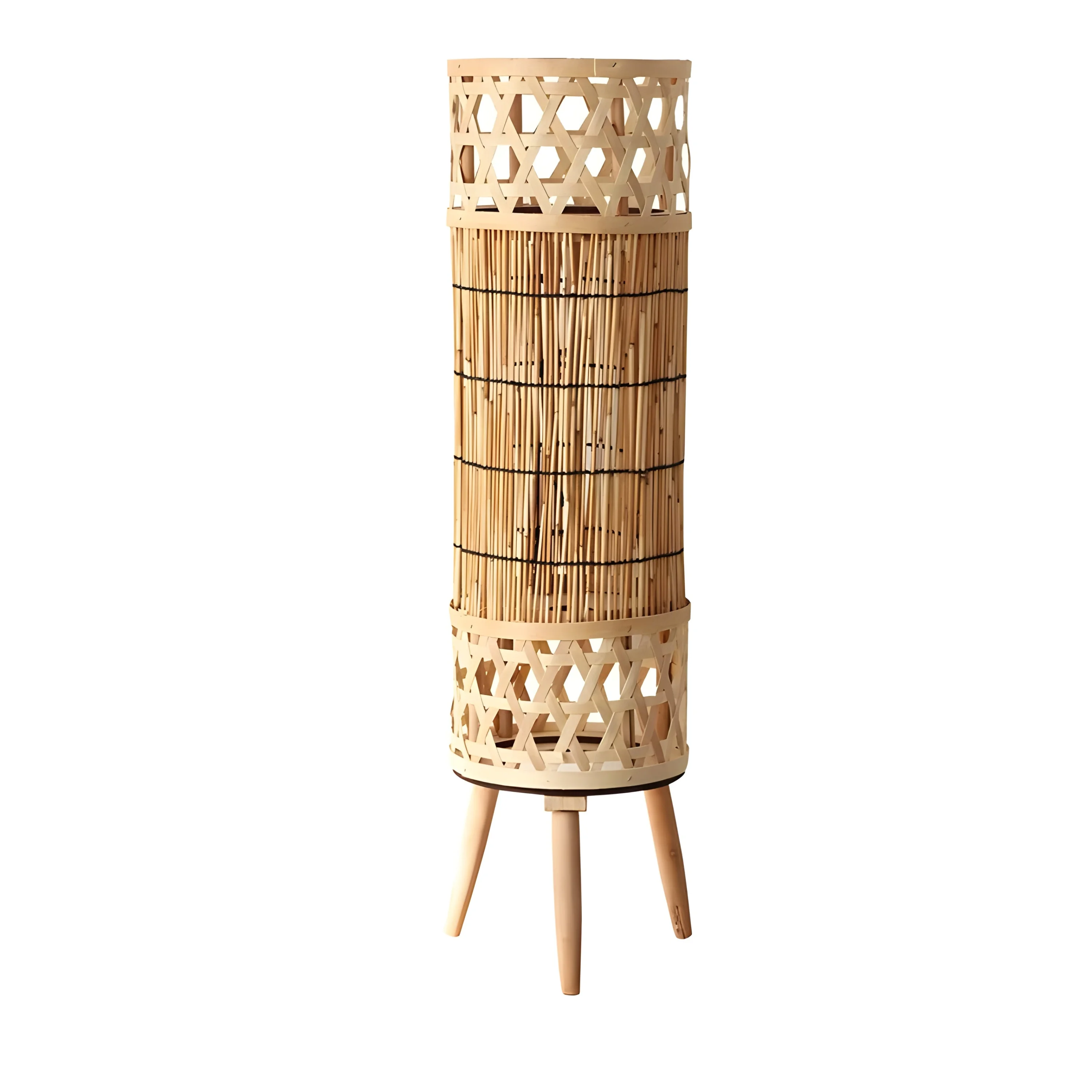 Hand-knitted bamboo tower lamp casting a lattice of light in a living room