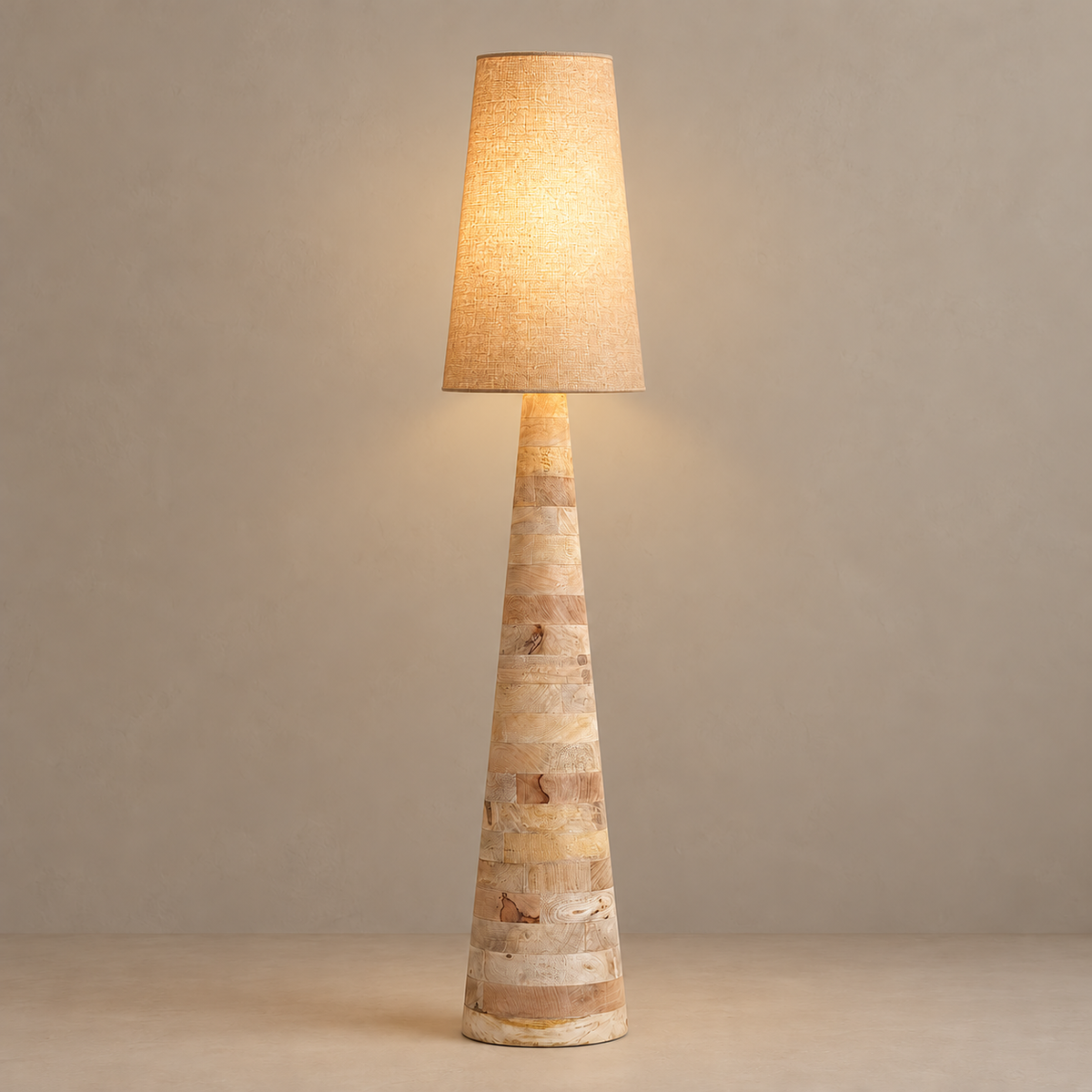 Kyoto floor lamp illuminated through its tapered linen shade