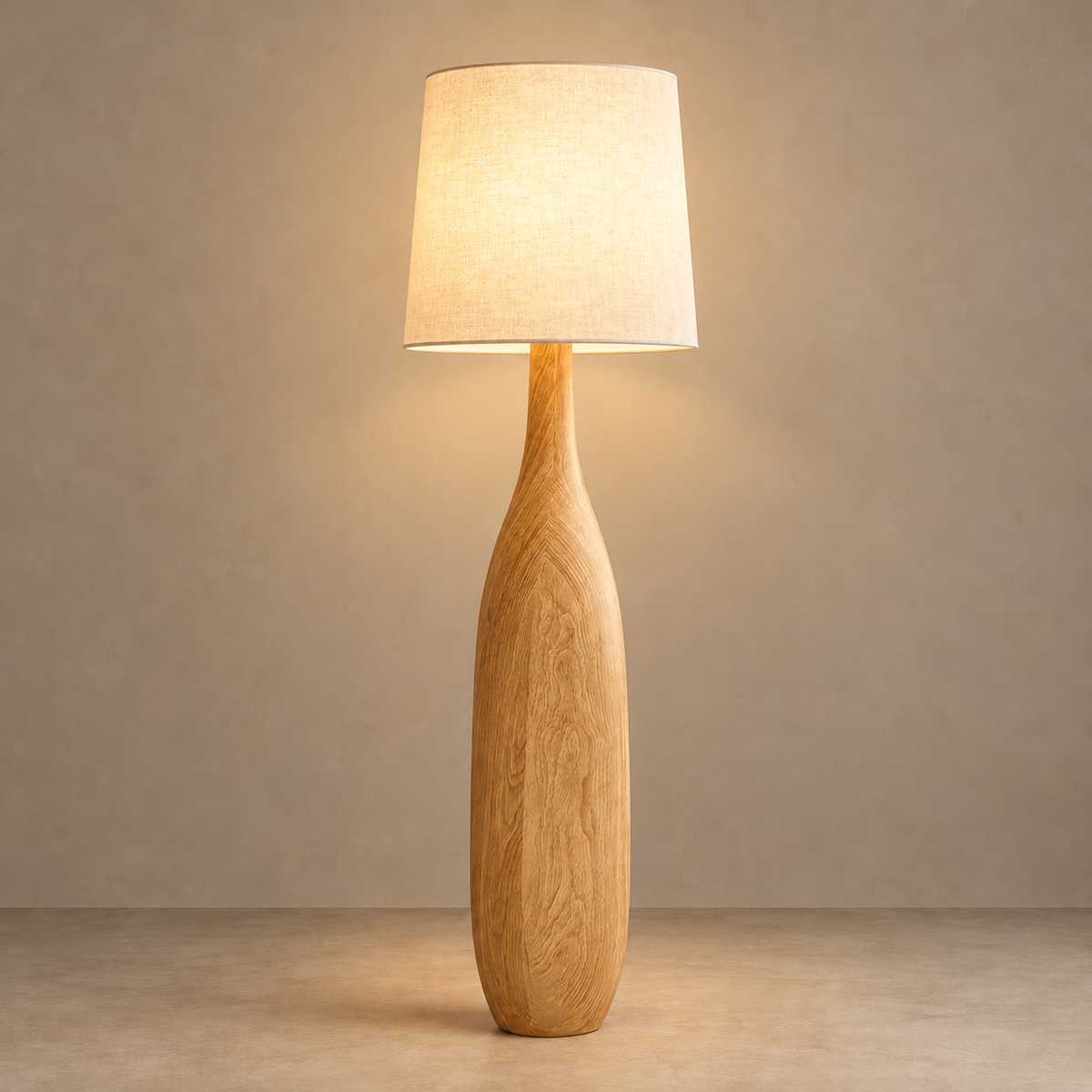 La Quercia in Ash with its linen shade illuminated.