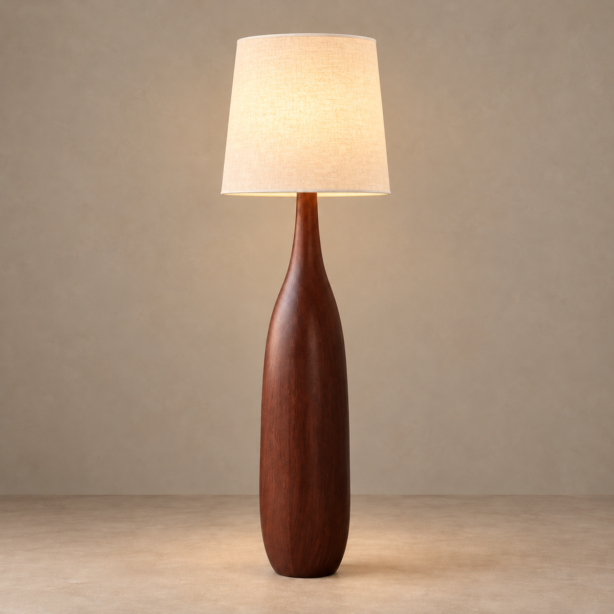La Quercia in Walnut with a softly illuminated linen shade.