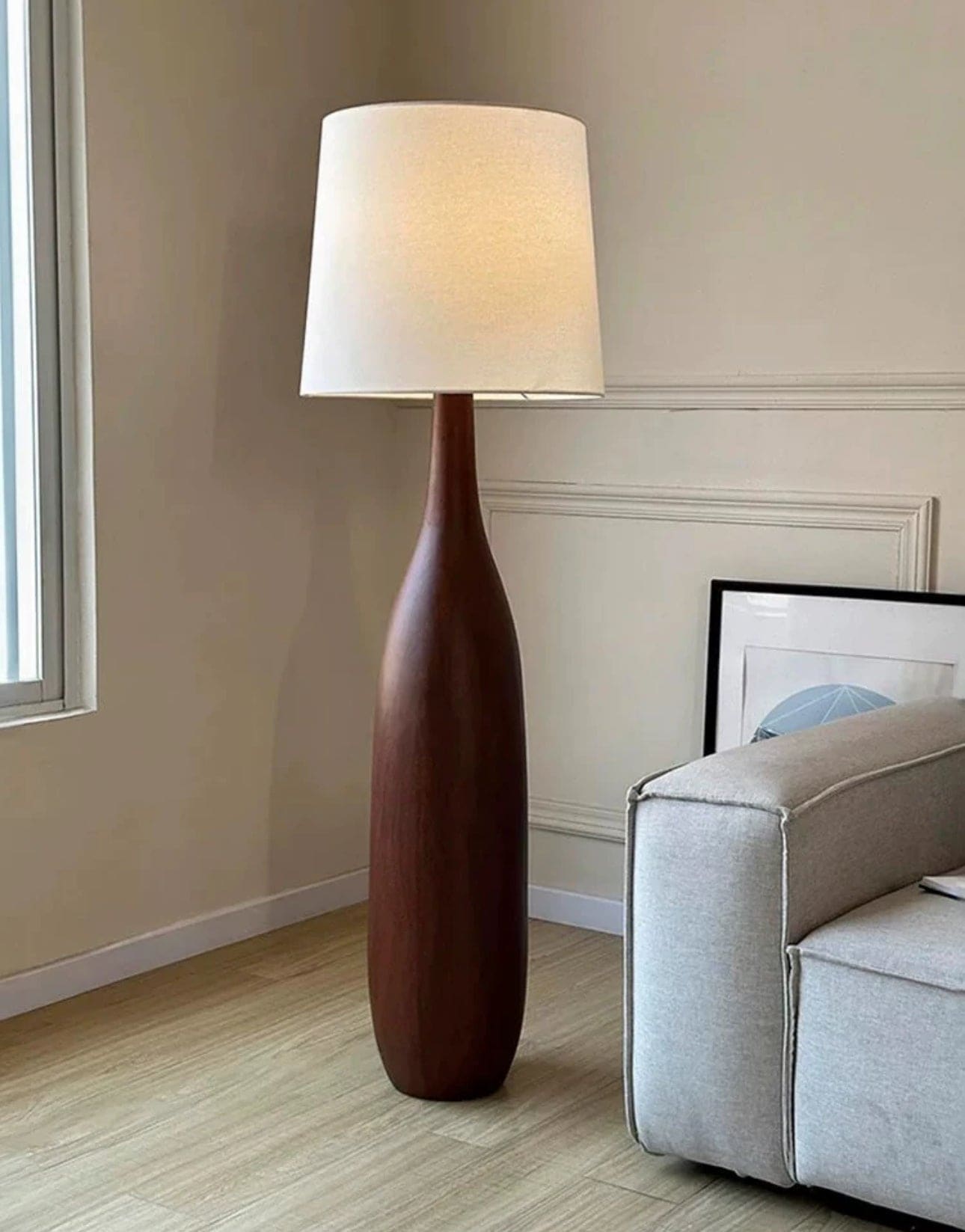 Sculpted Wood Floor Lamp | Japandi Minimalist Linen Shade - Lamps