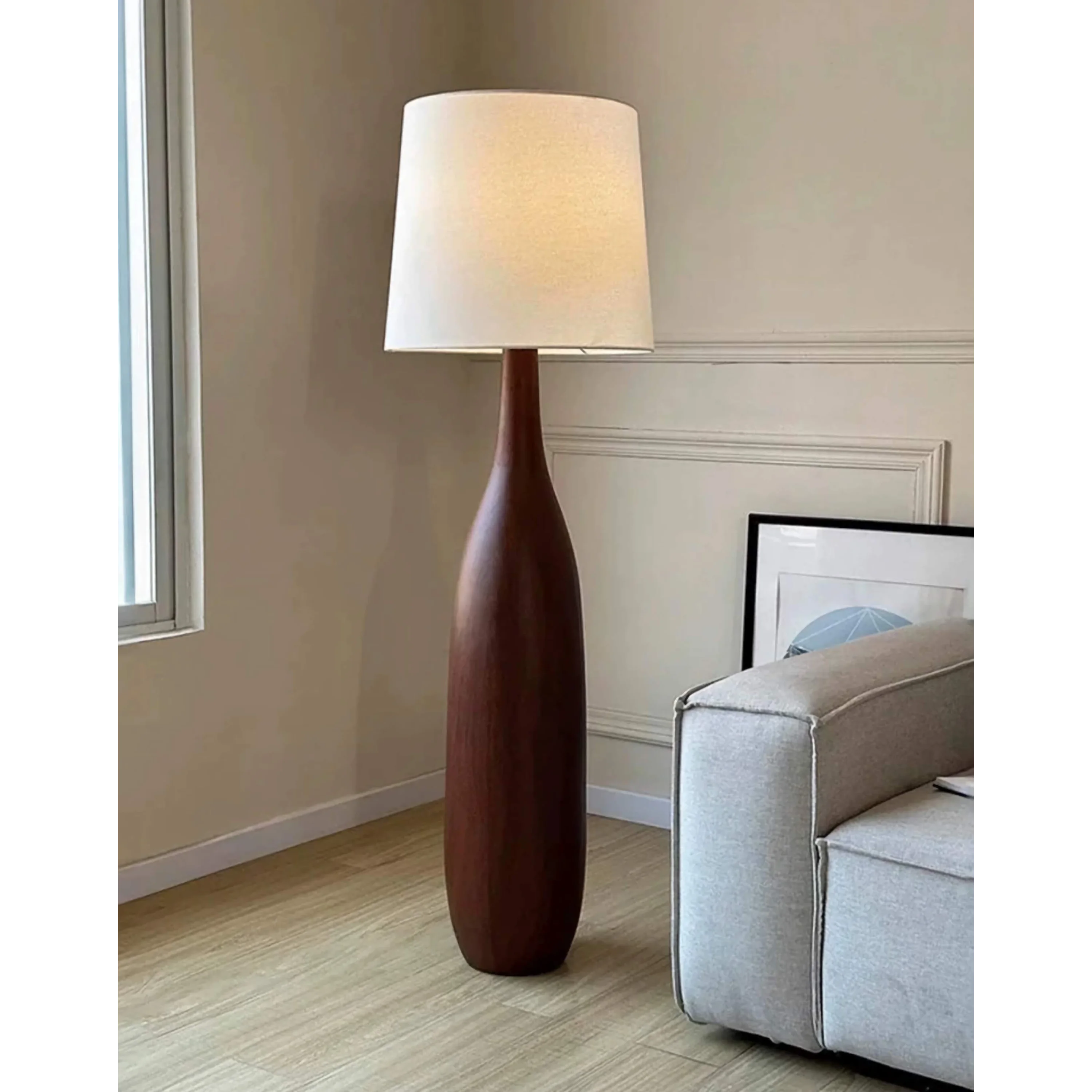 Sculpted Wood Floor Lamp | Japandi Minimalist Linen Shade