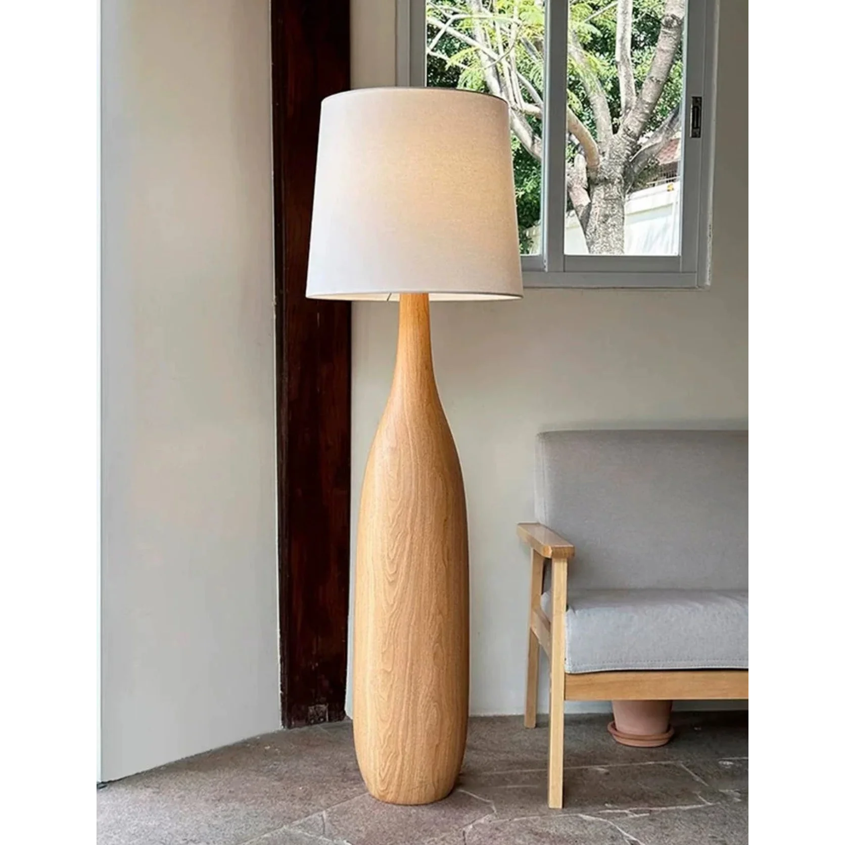 Sculpted Wood Floor Lamp | Japandi Minimalist Linen Shade Casalolalights Luxury Lamps for Interior Designers