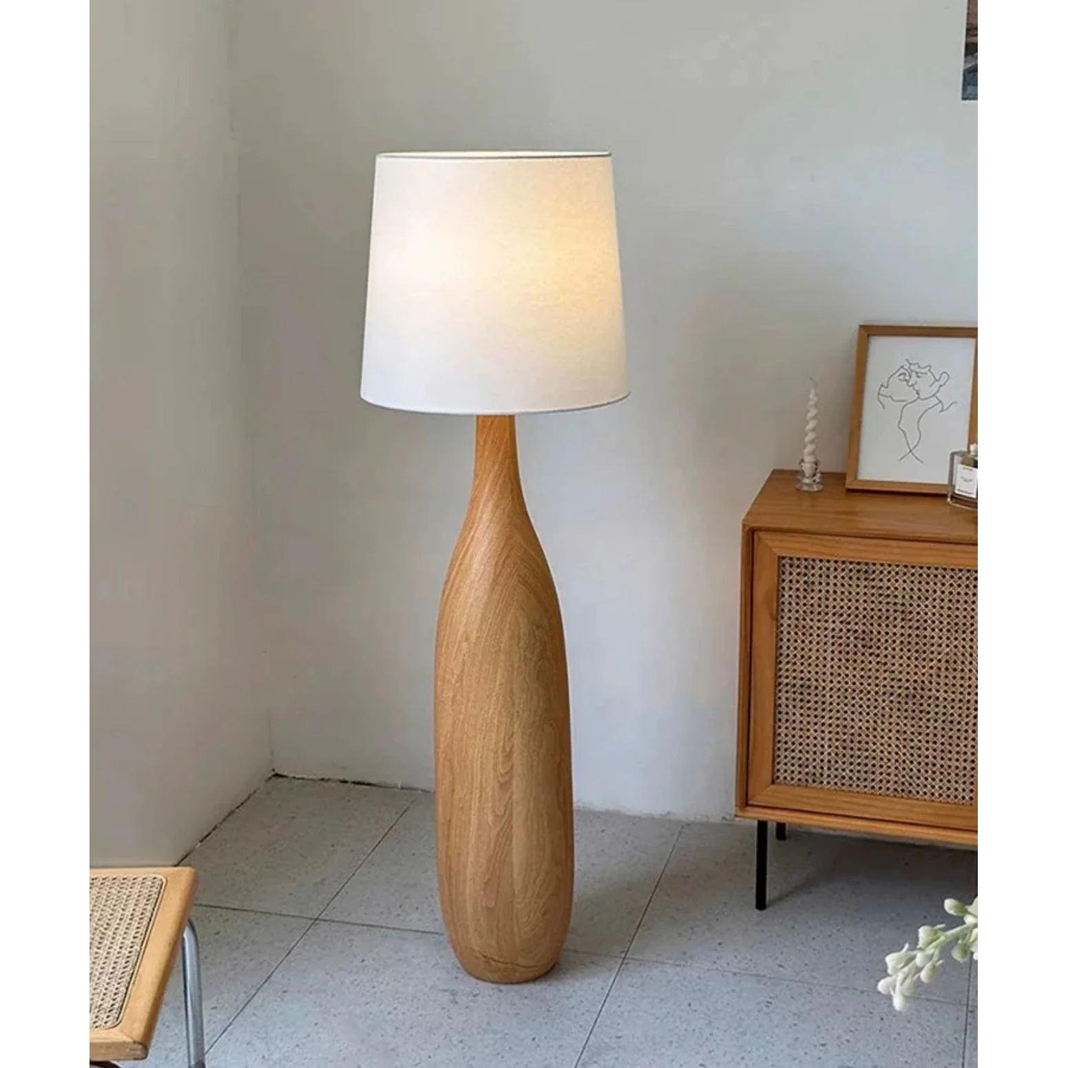 Sculpted Wood Floor Lamp | Japandi Minimalist Linen Shade Casalolalights Luxury Lamps for Interior Designers