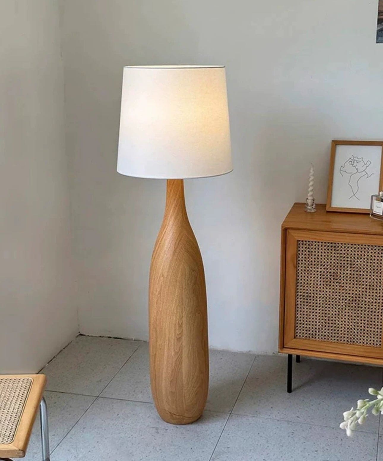 Sculpted Wood Floor Lamp | Japandi Minimalist Linen Shade - Lamps
