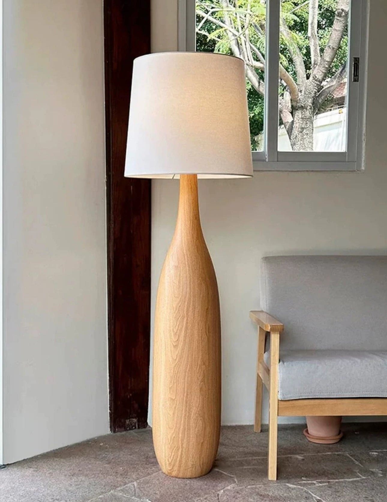 Sculpted Wood Floor Lamp | Japandi Minimalist Linen Shade - Lamps