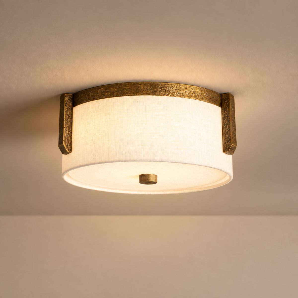 Linen Drum Flush Mount Antique Brass | no Glare Above the Bed Runs Down a Low Ceiling Corridor Casalola Lights Luxury