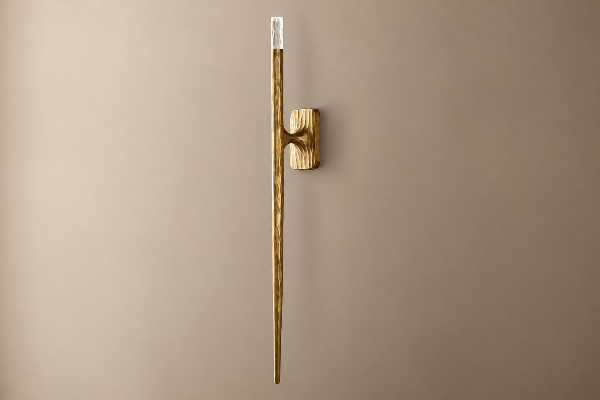 Tall Brass Stick Wall Sconce Crystal Tip | Low Profile Staircase Light Hallway Pair 92cm Vertical G9 Casalola Lights