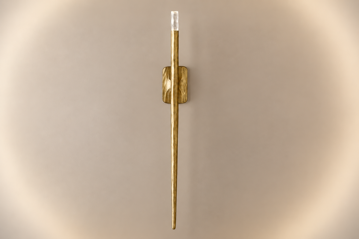 Tall Brass Stick Wall Sconce Crystal Tip | Low Profile Staircase Light Hallway Pair 92cm Vertical G9 Casalola Lights