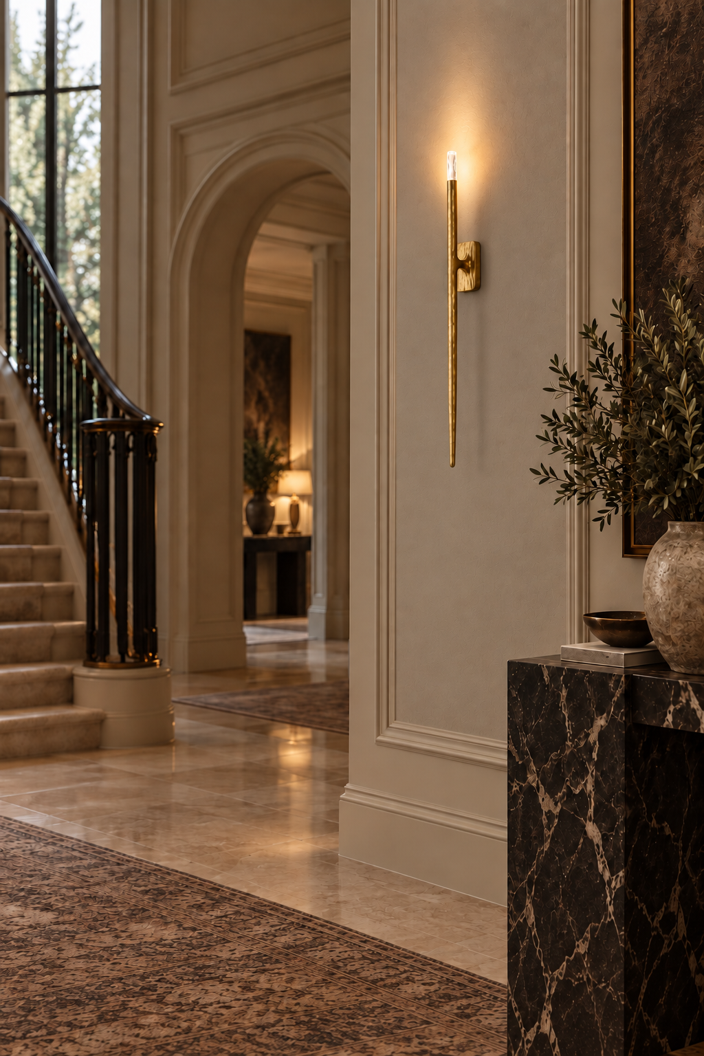 Tall Brass Stick Wall Sconce Crystal Tip | Low Profile Staircase Light Hallway Pair 92cm Vertical G9 Casalola Lights