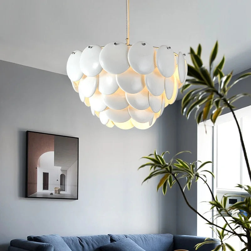 Luxurious Round Chandelier | Layered Scale Pattern | Glass or Ceramic | White | Semi Flush Mount