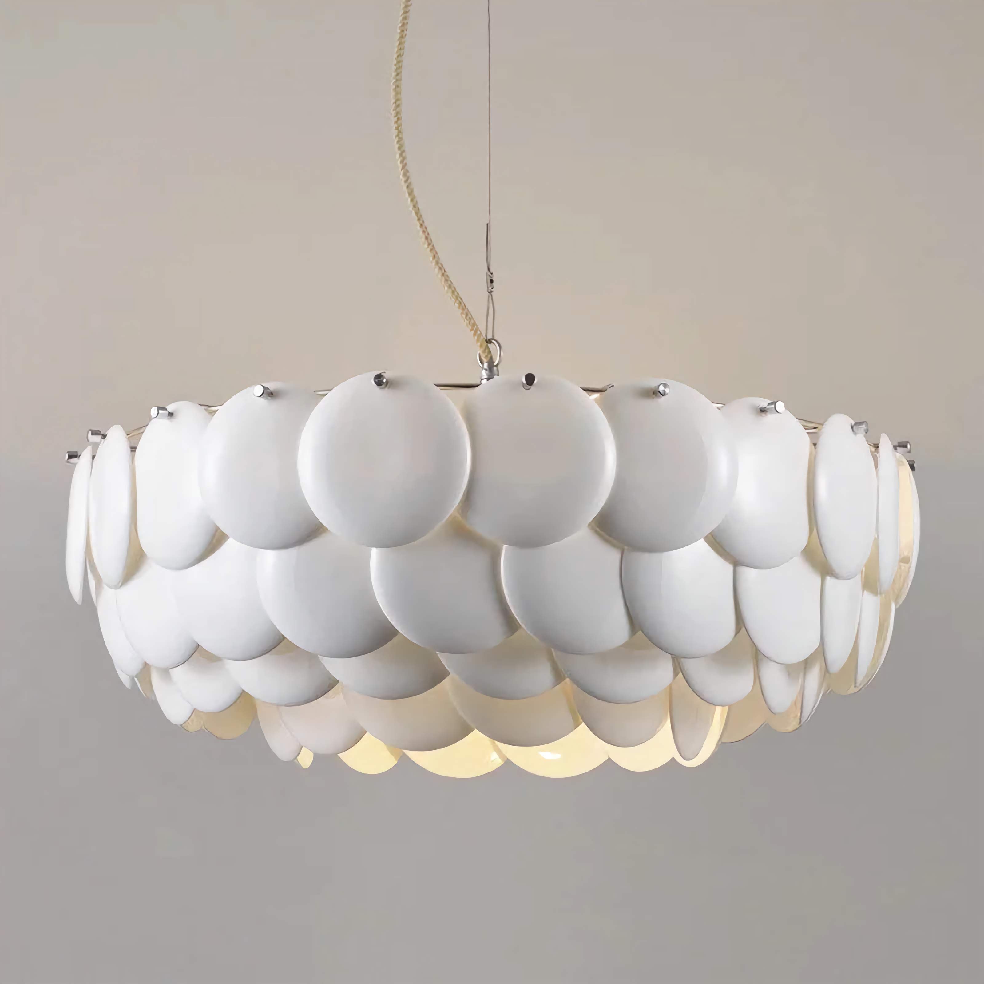 Luxurious Round Chandelier | Layered Scale Pattern | Glass or Ceramic | White | Semi-flush Mount