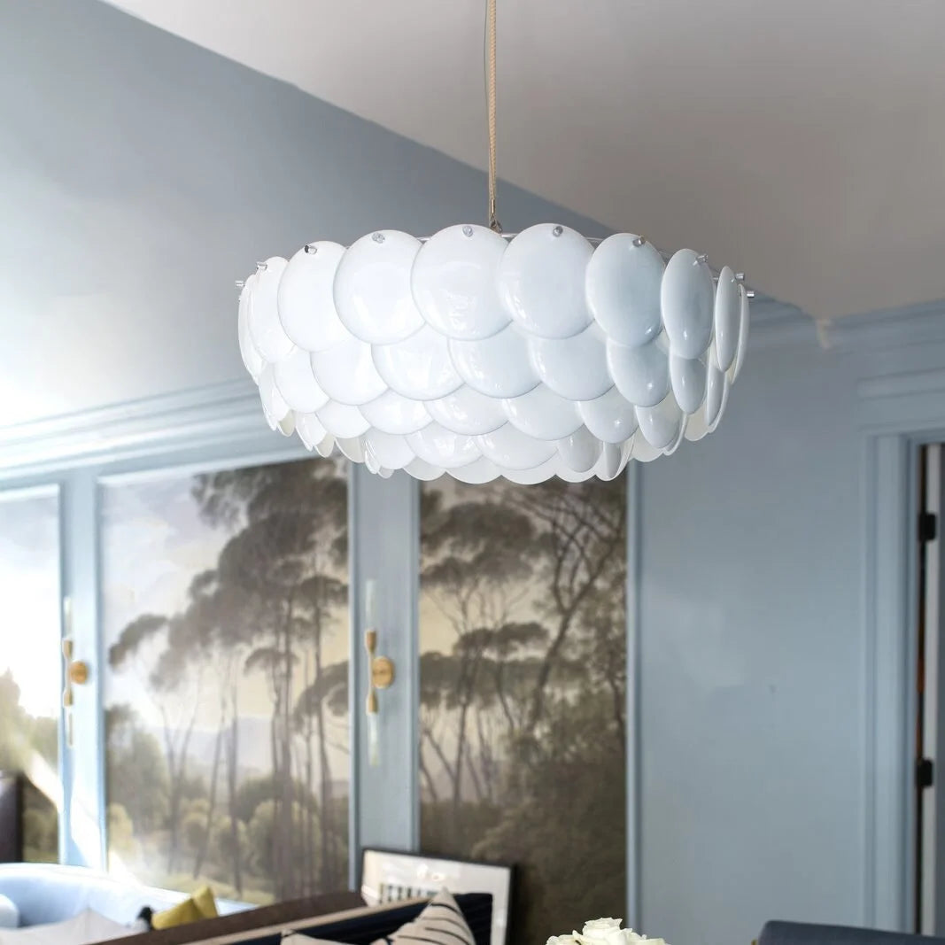 Luxurious Round Chandelier | Layered Scale Pattern | Glass or Ceramic | White | Semi Flush Mount