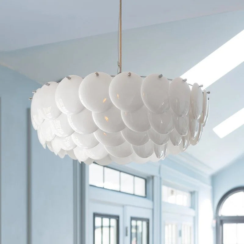 Luxurious Round Chandelier | Layered Scale Pattern | Glass or Ceramic | White | Semi Flush Mount