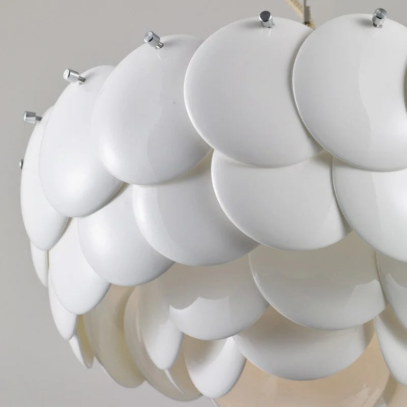 Luxurious Round Chandelier | Layered Scale Pattern | Glass or Ceramic | White | Semi Flush Mount
