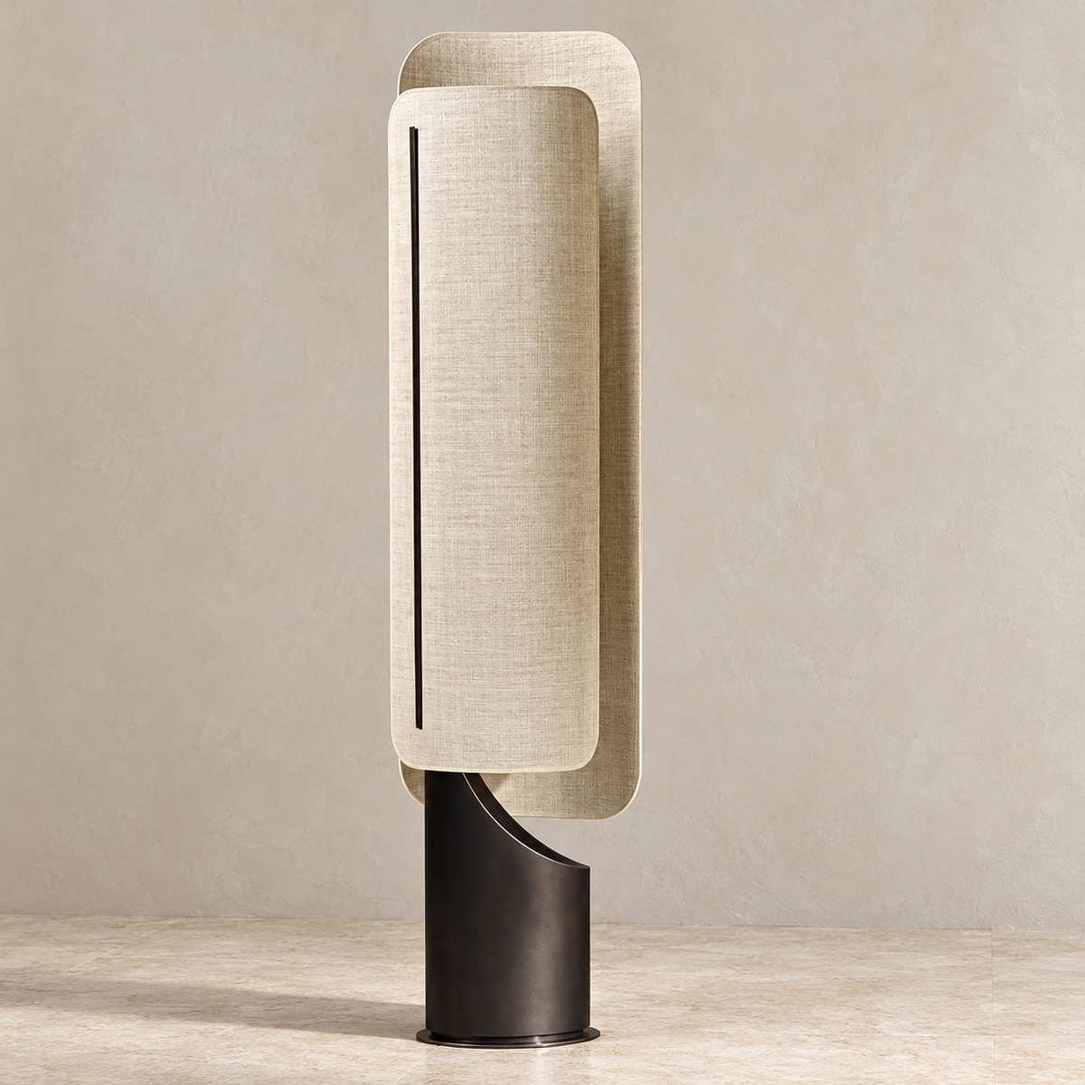 Maraki floor lamp switched off, showing layered linen panels and a curved dark base.
