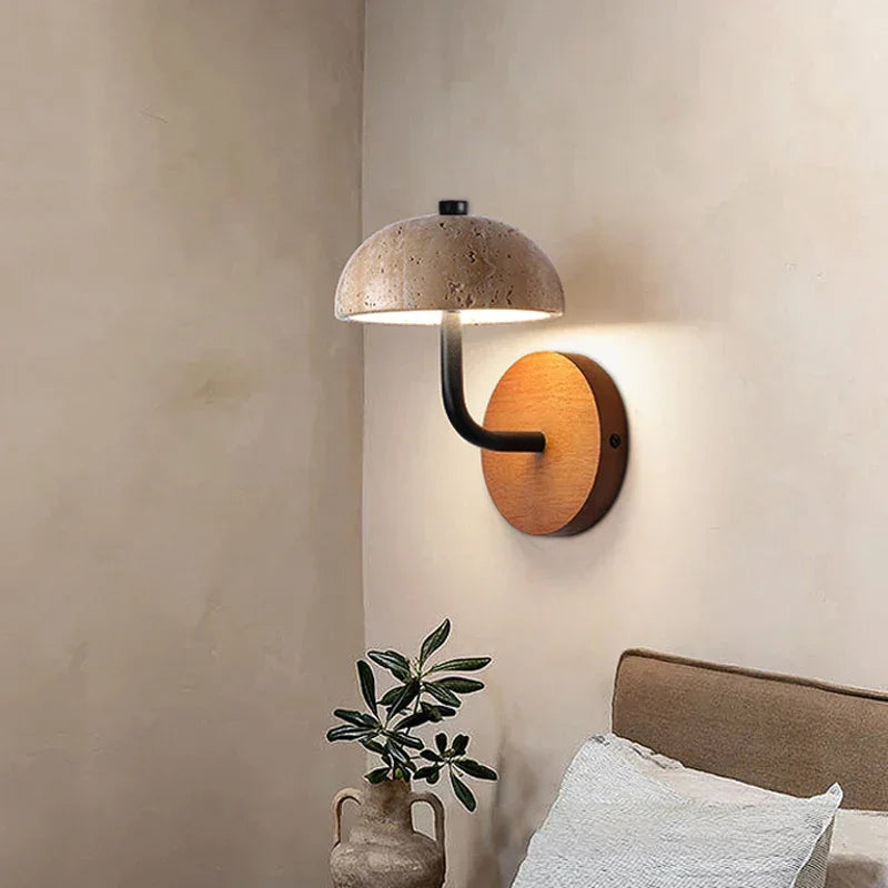 Yellow travertine stone sconce glowing warm