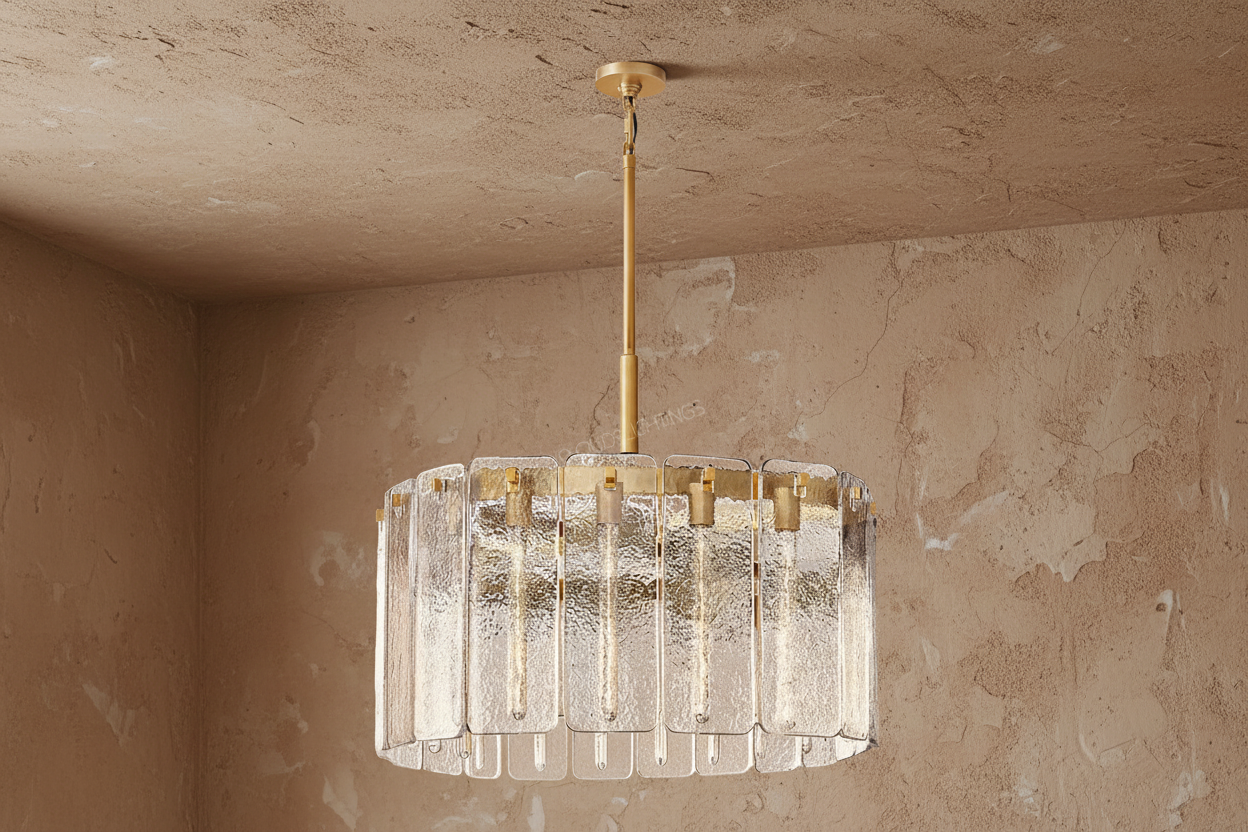 Solid Copper Round Chandelier | Textured Cast Glass Panels | 92cm - 152cm Ring Light | Casalola Lights Casalolalights