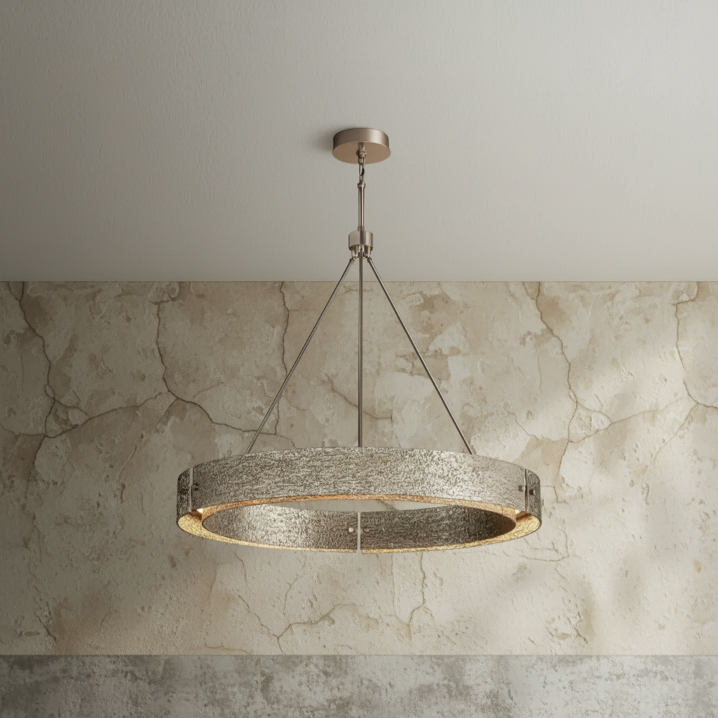 Solid Copper Round Chandelier | Brutalist Bark Texture | 92cm - 152cm Ring Light | Heavy Cast Metal | Casalola Lights