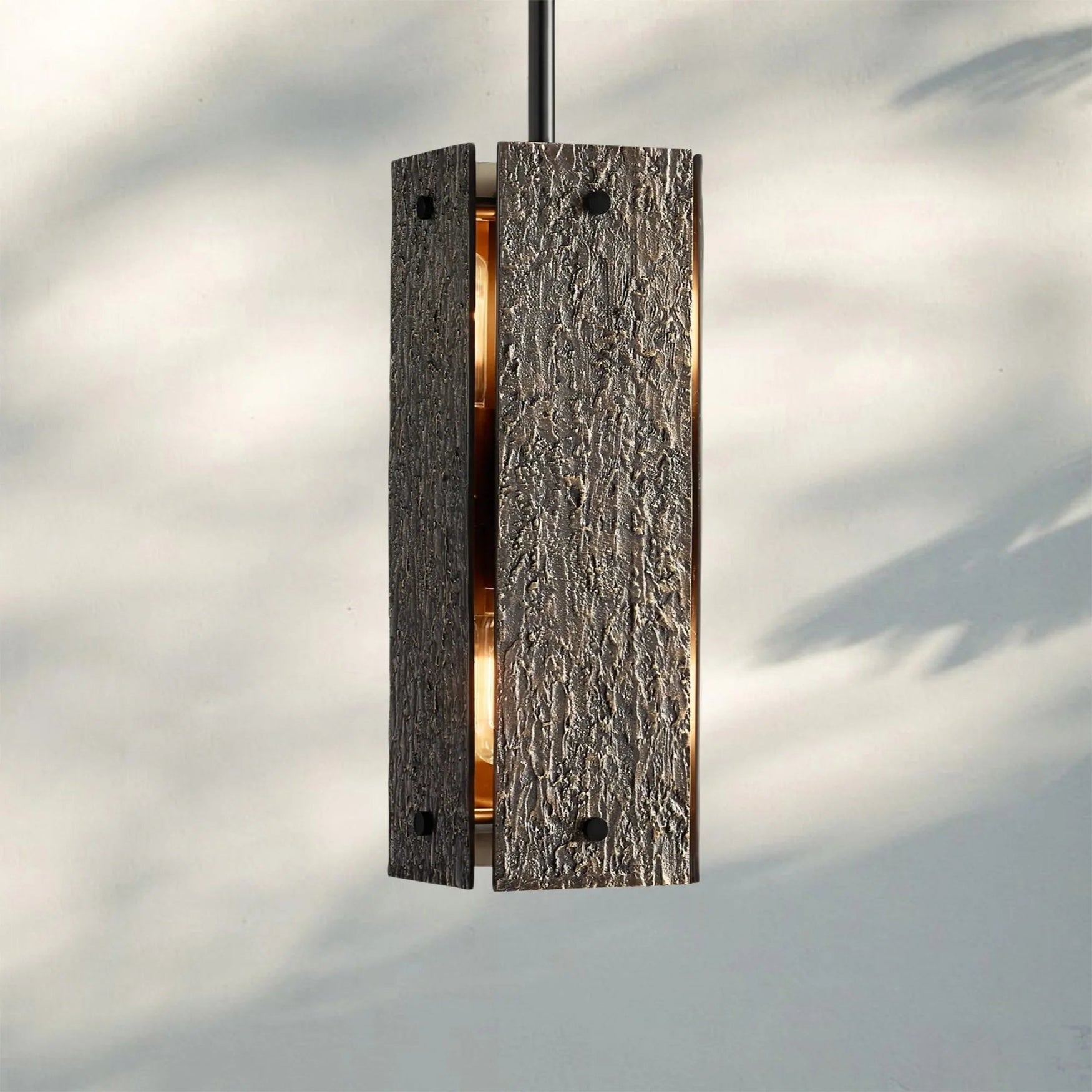 Solid Brass Brutalist Pendant Light | Wabi-sabi Organic Texture | 19’’ Rectangular Body | Custom Rod Heights | Casalola