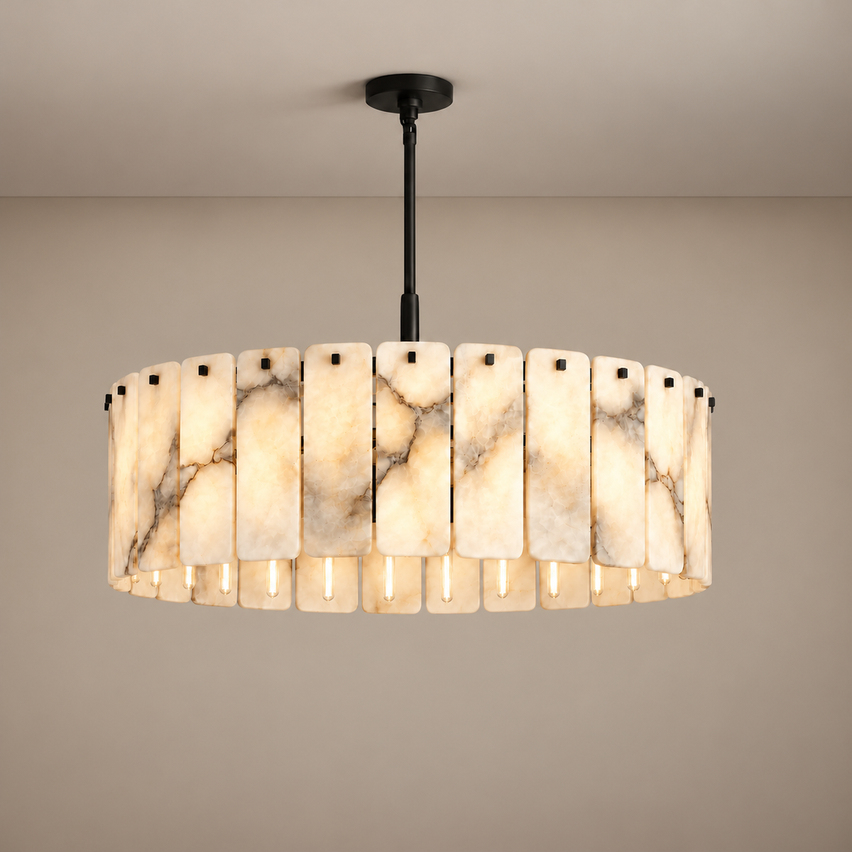 Matra black alabaster drum chandelier, illuminated.