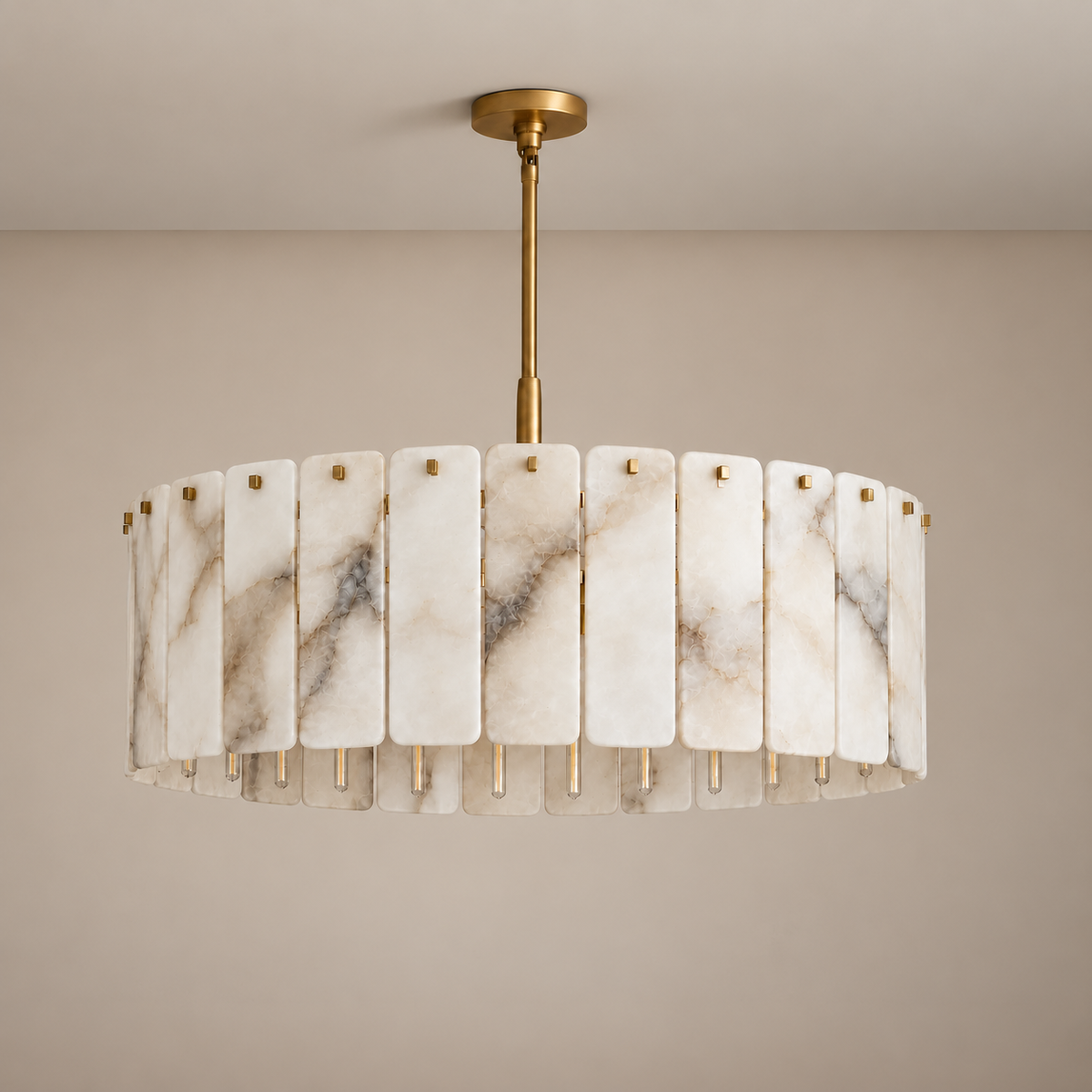 Matra brass alabaster drum chandelier, unlit.