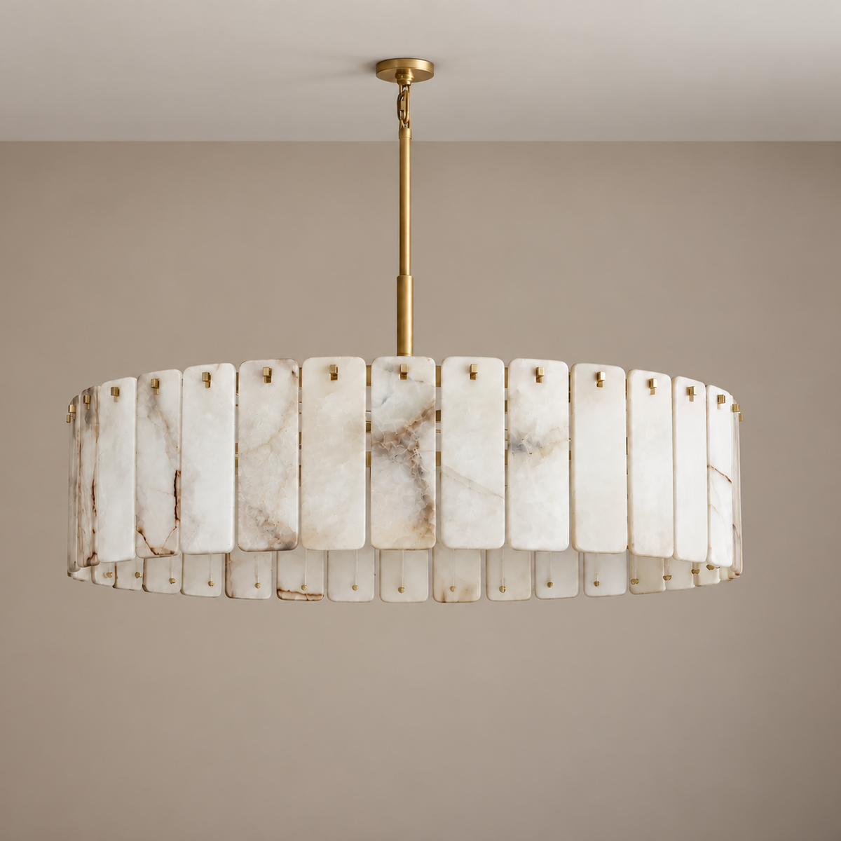 Wide Matra chandelier with brass suspension and natural alabaster panels.