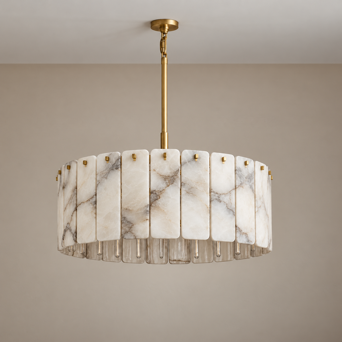 Matra brass chandelier showing the alabaster panels and exposed lamp arrangement.