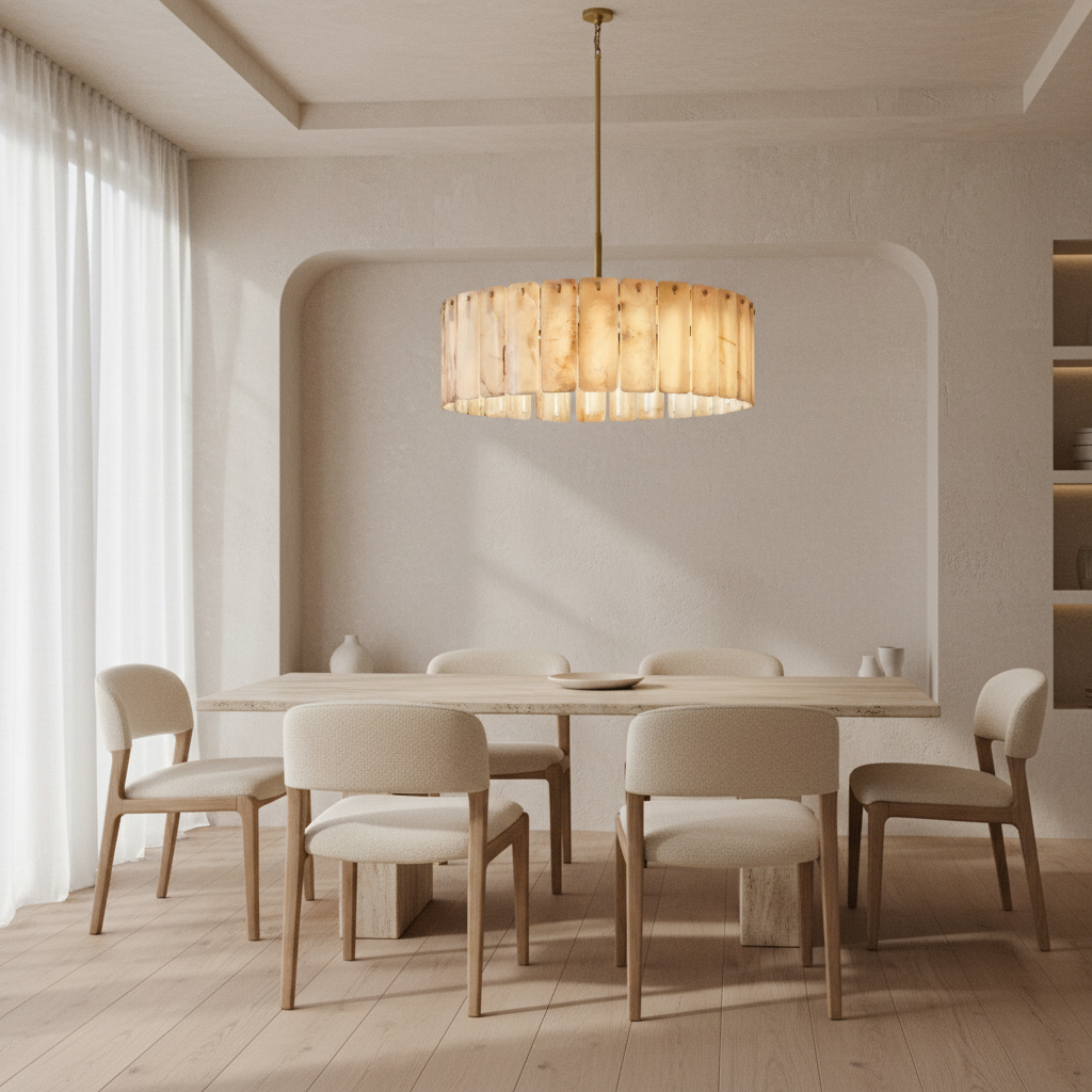 Solid Copper Round Chandelier | Natural Alabaster Panels | Real Stone & Bronze Finish | Casalola Lights Casalolalights