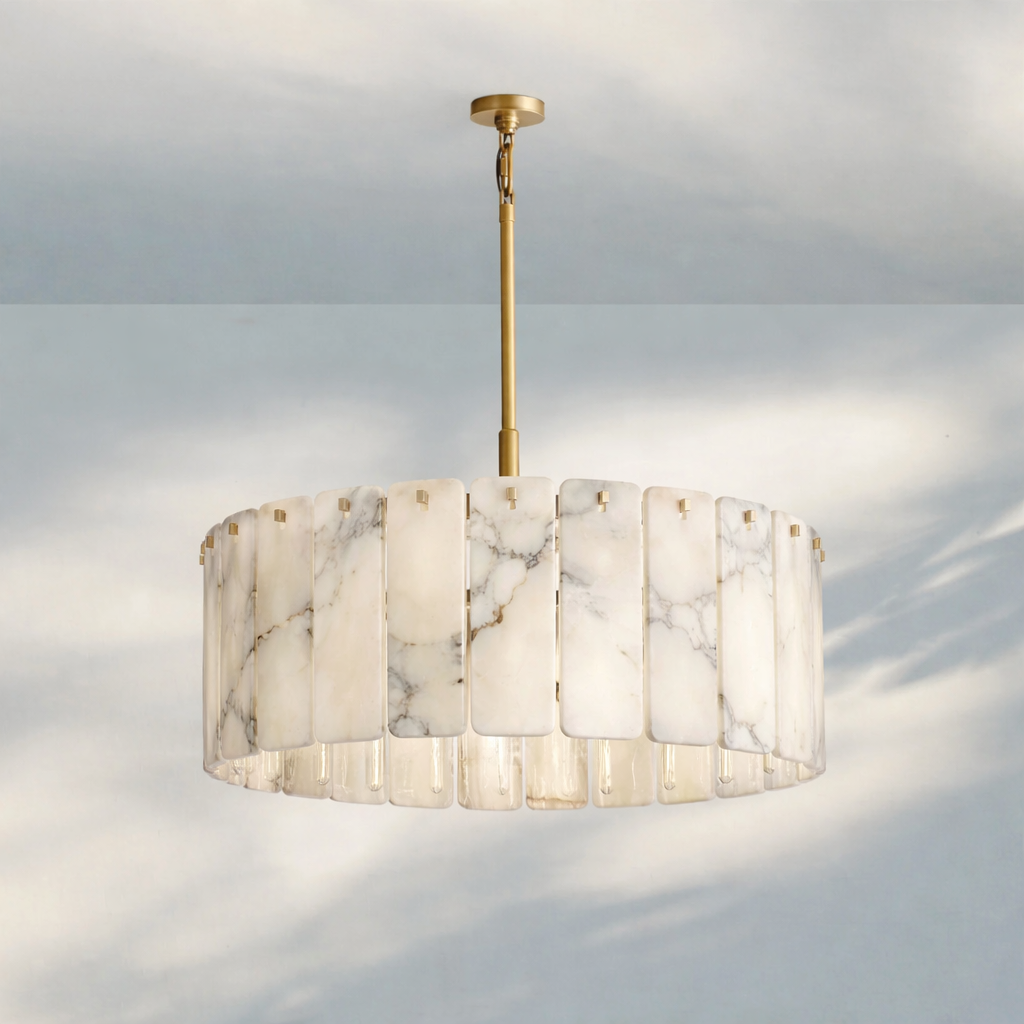 Solid Copper Round Chandelier | Natural Alabaster Panels | Real Stone & Bronze Finish | Casalola Lights Casalolalights