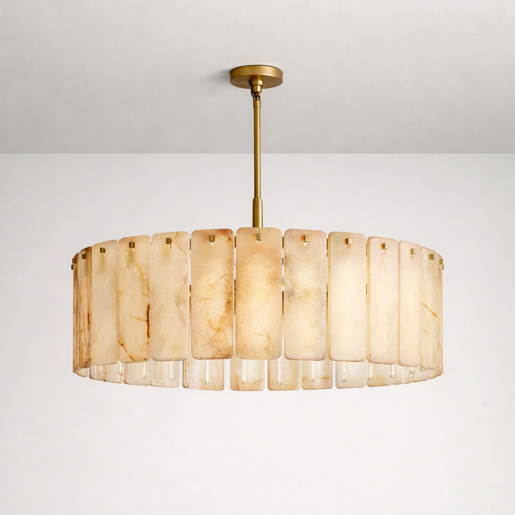 Solid Copper Round Chandelier | Natural Alabaster Panels | Real Stone & Bronze Finish | Casalola Lights Casalolalights