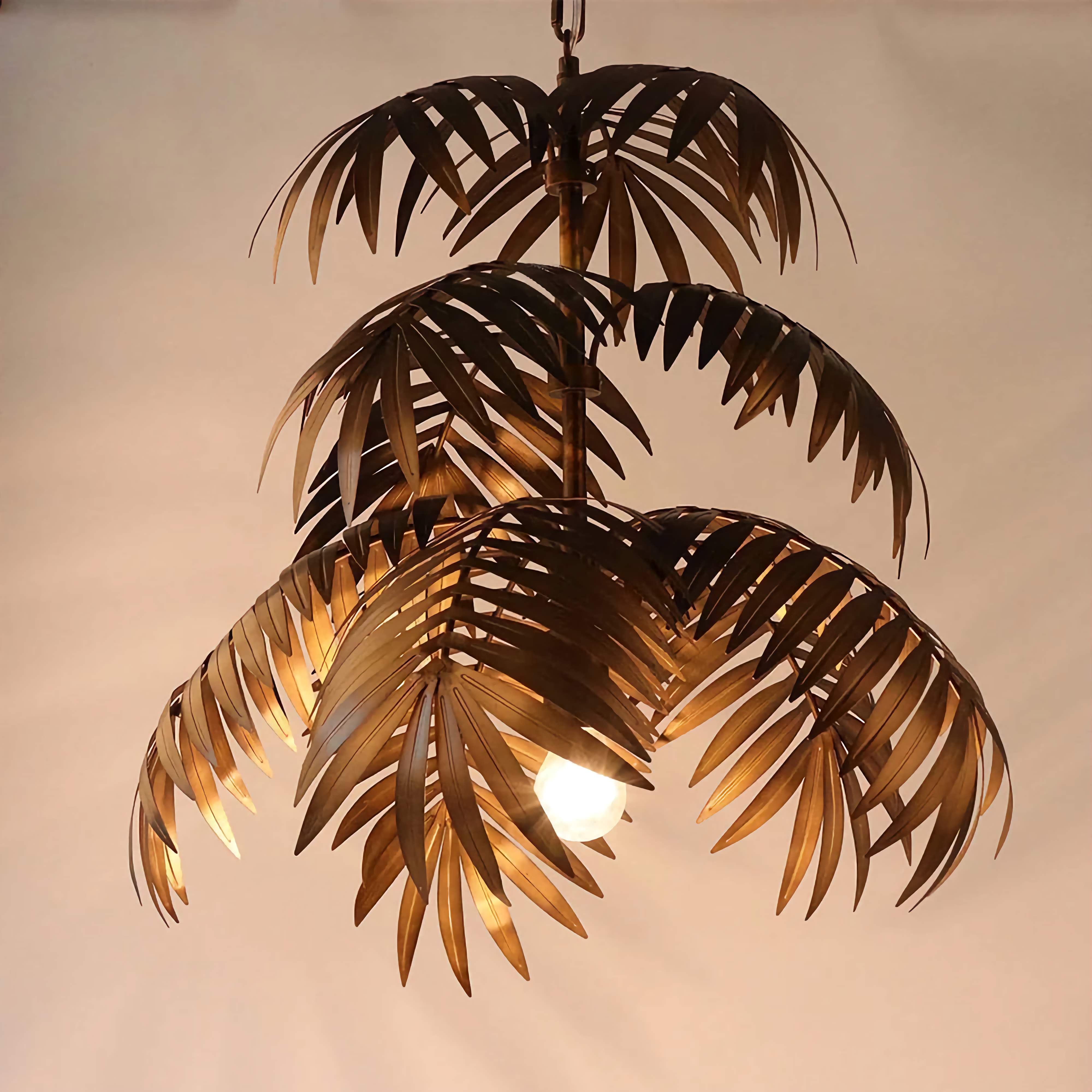 Metal Palm Leaf Pendant Light 50cm | Brushed Gold Tropical Leaves Fixture Dining Room Entry & Living Casalolalights