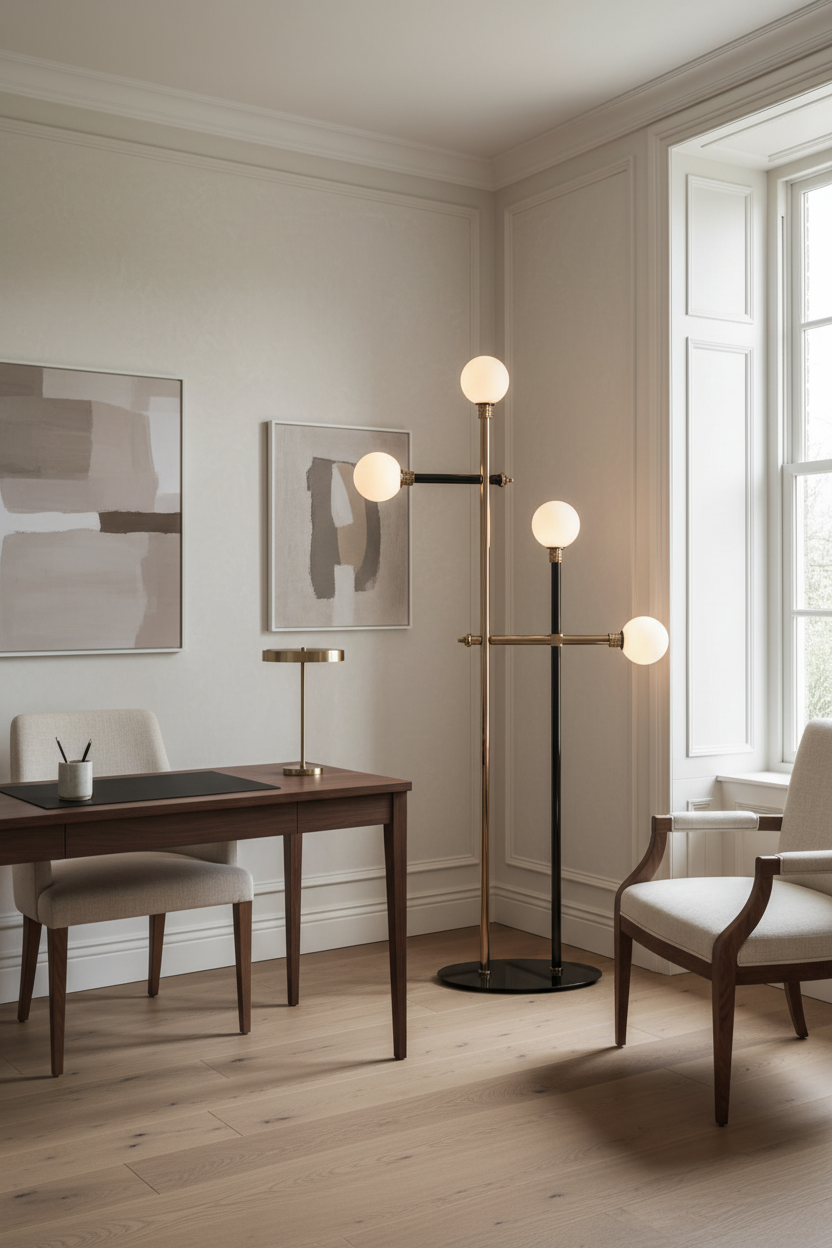 Stainless Steel Floor Lamp | 180cm Atomic Age Design | Opal Glass Globes | Gold & Black Finish | Casalola Lights