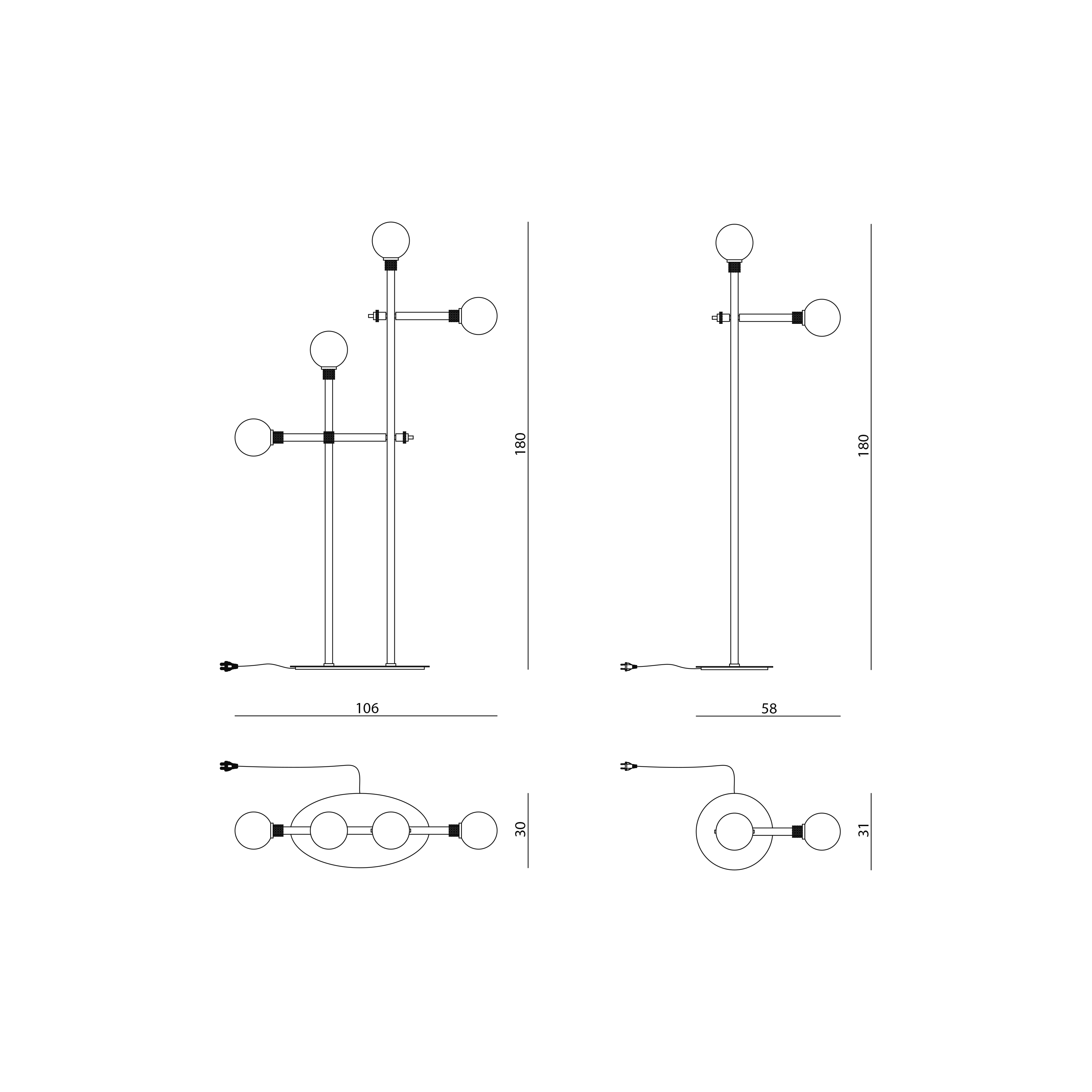 Stainless Steel Floor Lamp | 180cm Atomic Age Design | Opal Glass Globes | Gold & Black Finish | Casalola Lights