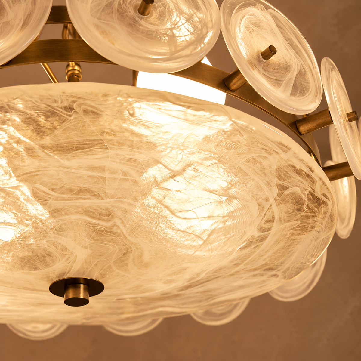 Murano Style Milk Glass Disc Chandelier | Fully Diffused Glare Free Light Three Diameters Two Tier Casalola Lights