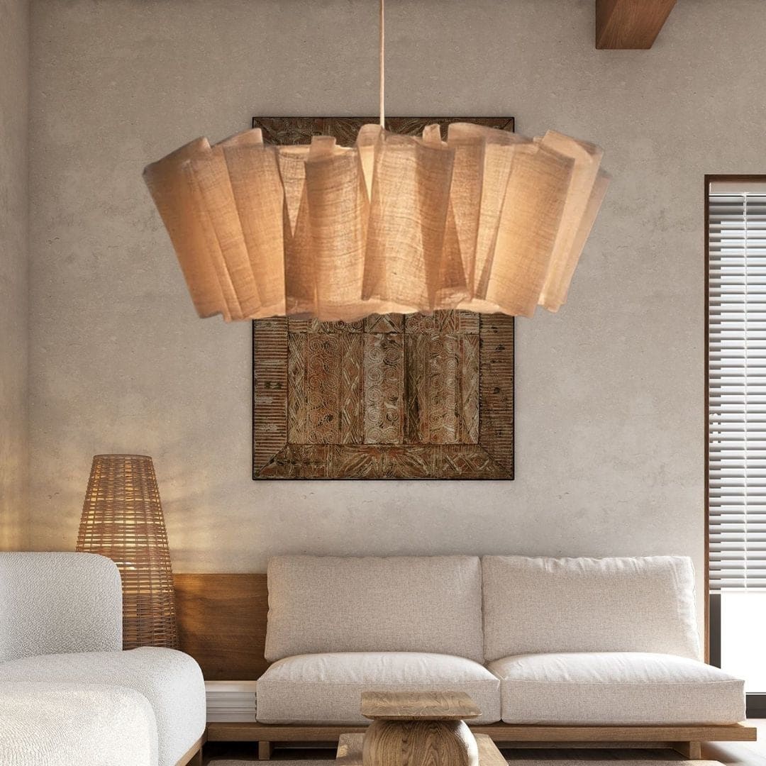 Japanese Style Pendant Light | Hand-knitted Fabric Lampshade | Warm Minimalist Japandi Biophilic - Lamps