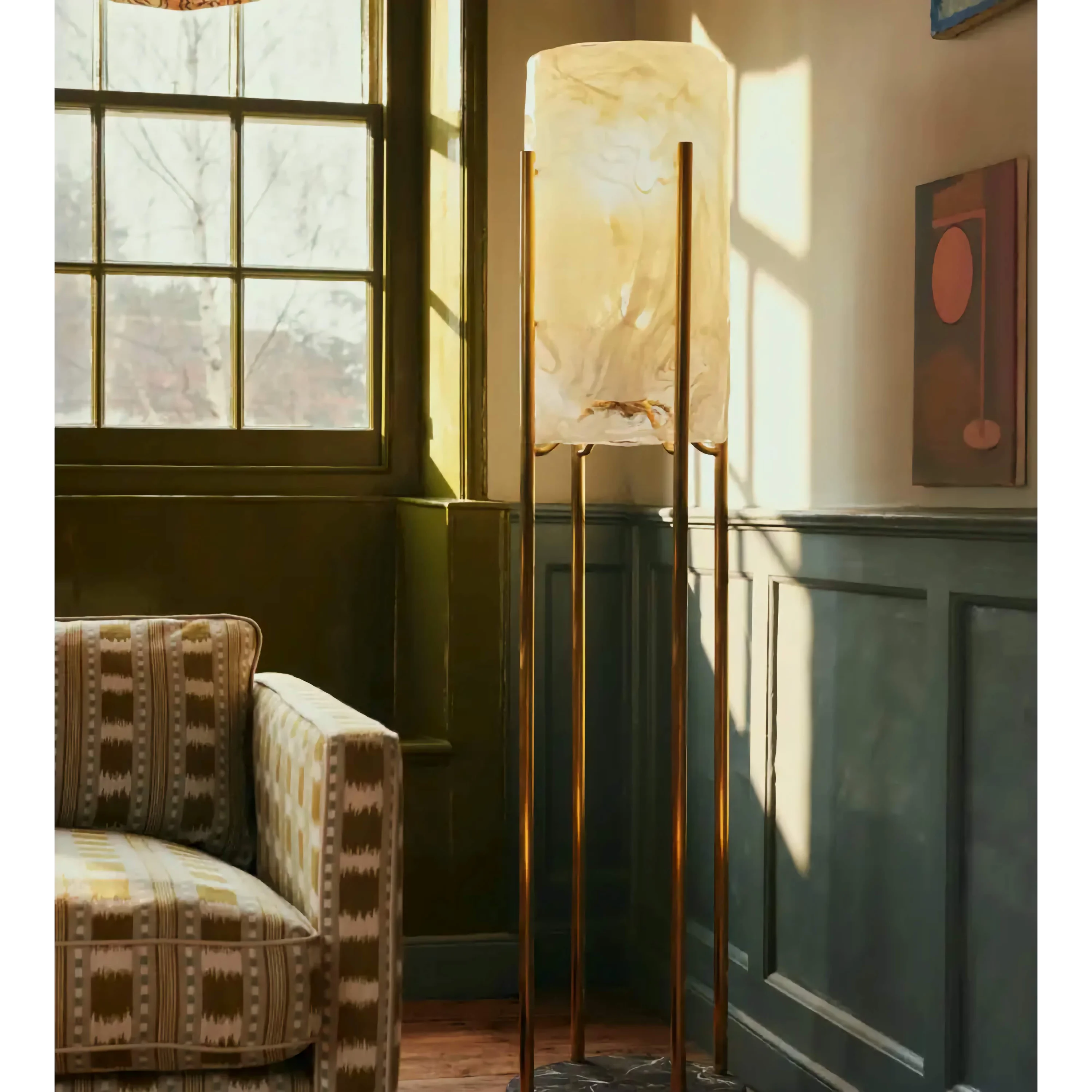 Living Room Minimalist Marble & Brass Floor Lamp – Modern Column Light with Warm Diffused Glow Space Saving Design
