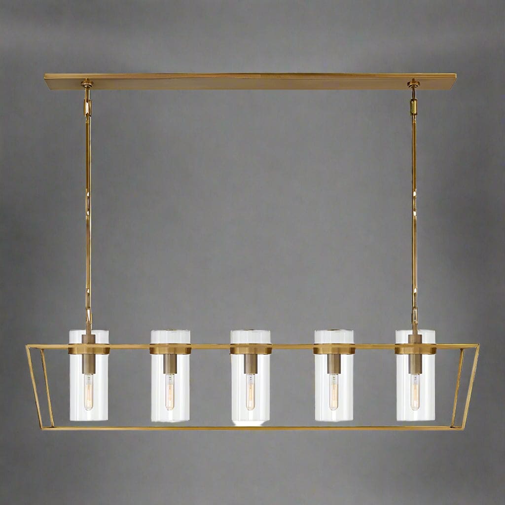 Modern Linear Gold Chandelier 5 Glass Shades – Industrial Farmhouse Island Pendant Light for Kitchen or Dining Room