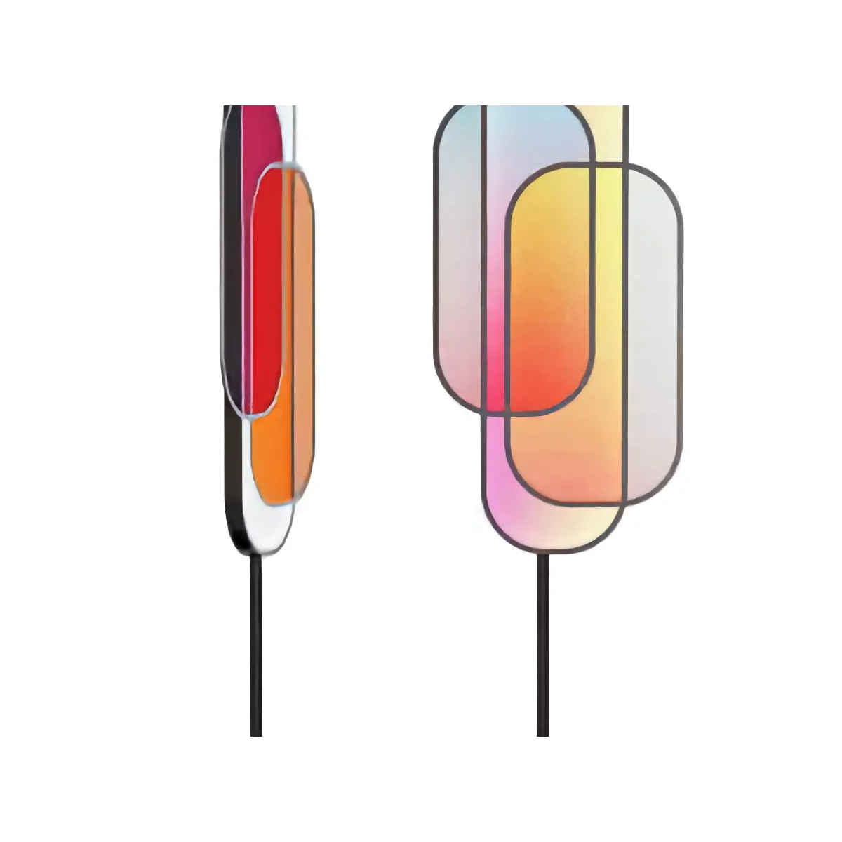 Translucent acrylic overlay shades on a slim iron body glowing soft