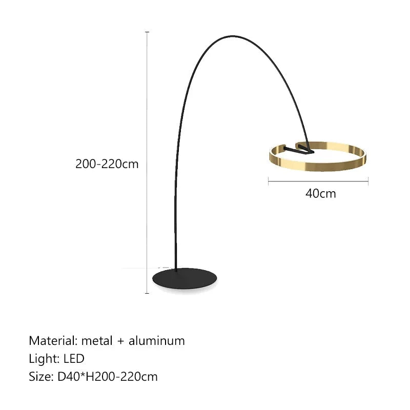 Modern Arc Floor Lamp with Golden Ring Led Lampshade | Metal 200cm Aluminum Shade