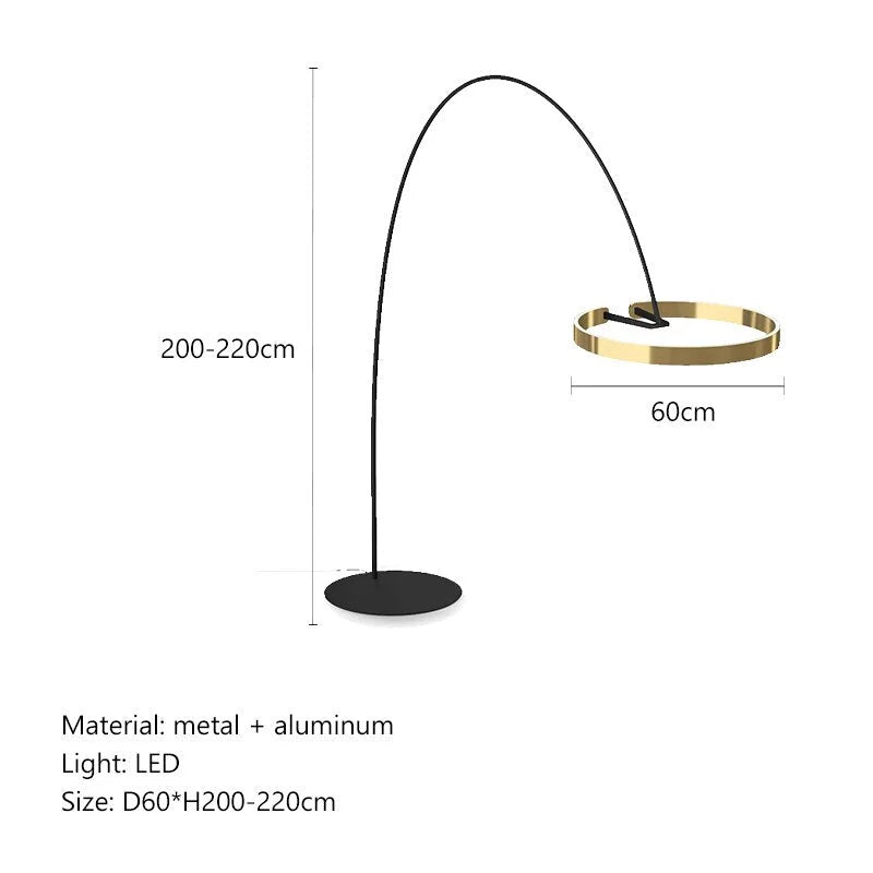 Modern Arc Floor Lamp with Golden Ring Led Lampshade | Metal 200cm Aluminum Shade