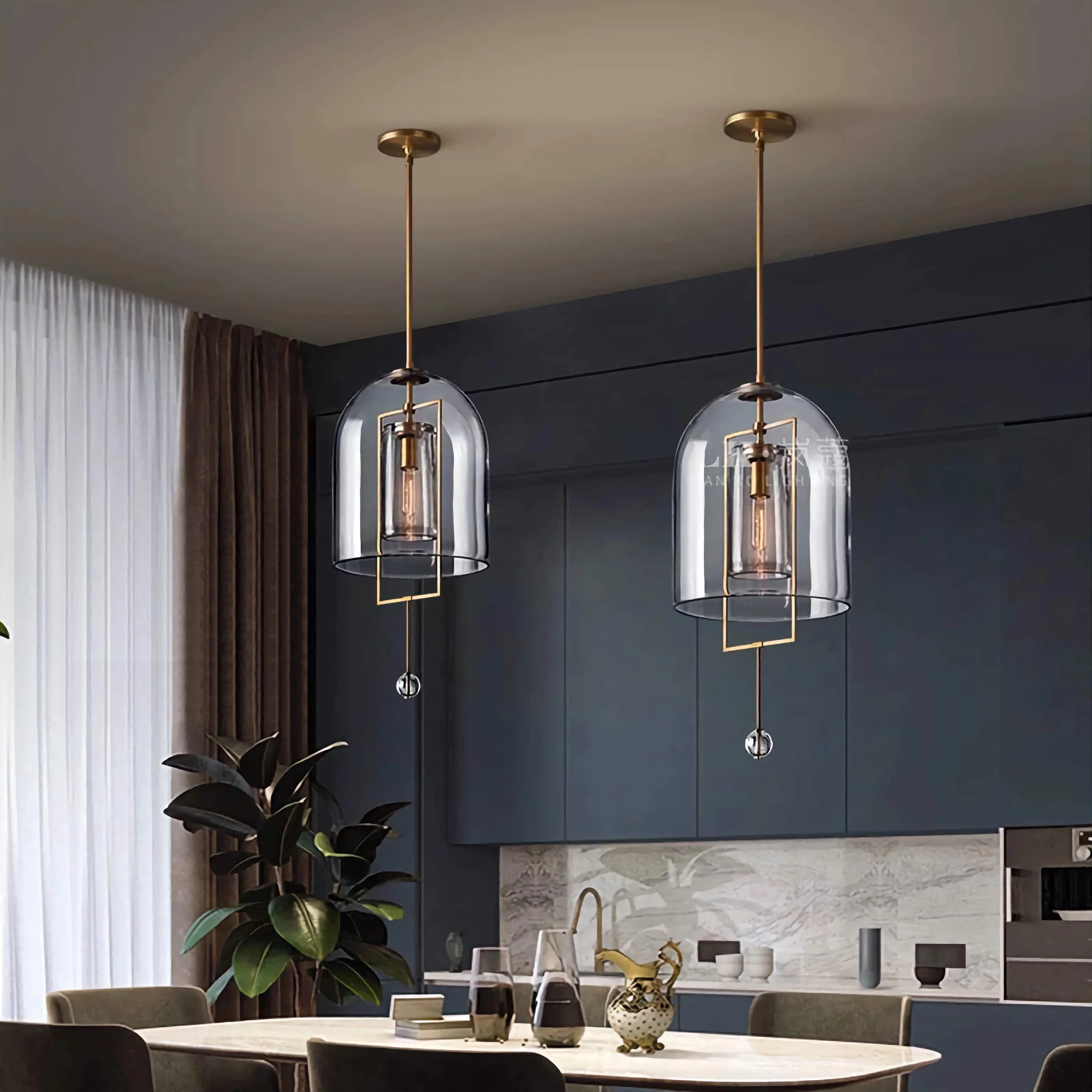 Modern Glass Pendant Light with Copper Accents – Black Ceiling Fixture for Kitchen Island or Entryway