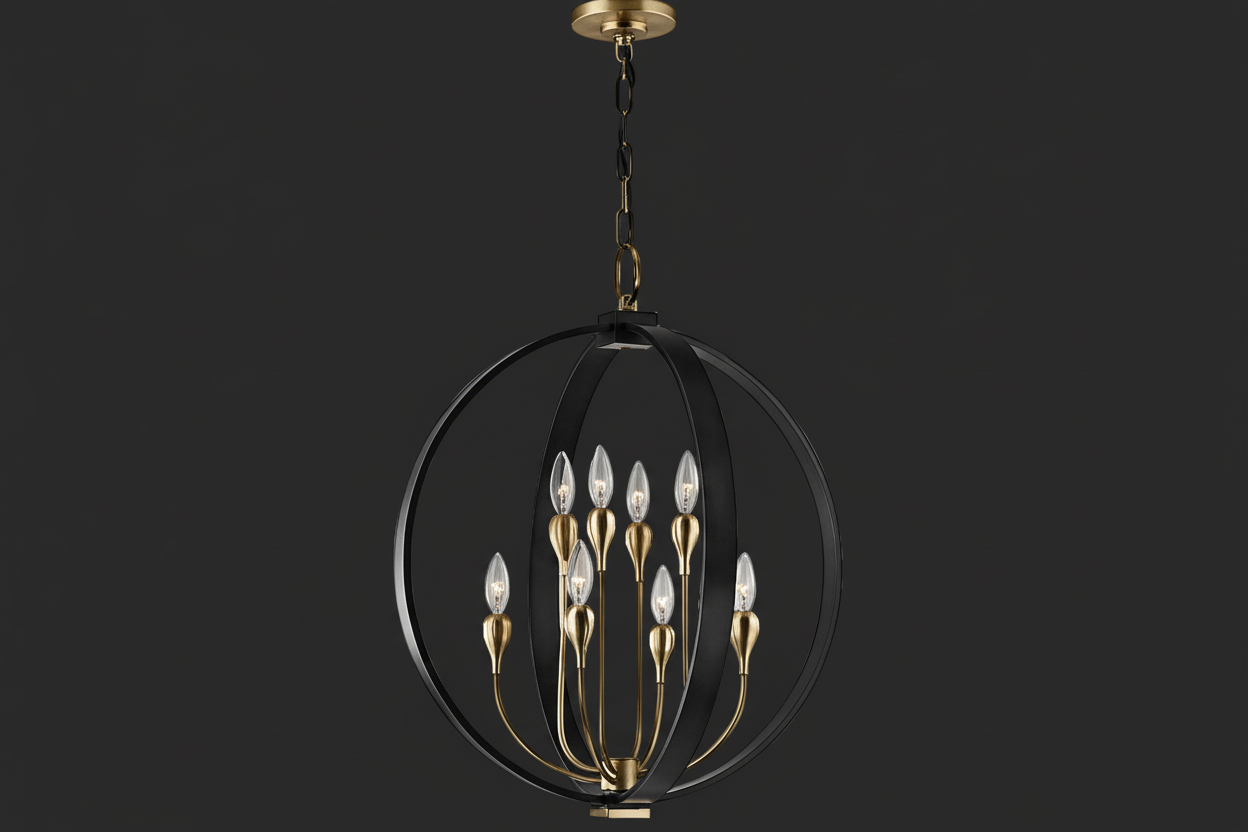 Black orb chandelier in an entryway