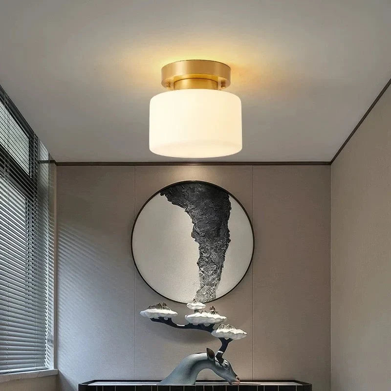 Small Frosted Glass Flush Mount Light for Hallway or Entryway | 7.5 in Wide Brass Base Low Ceiling Casalola Lights