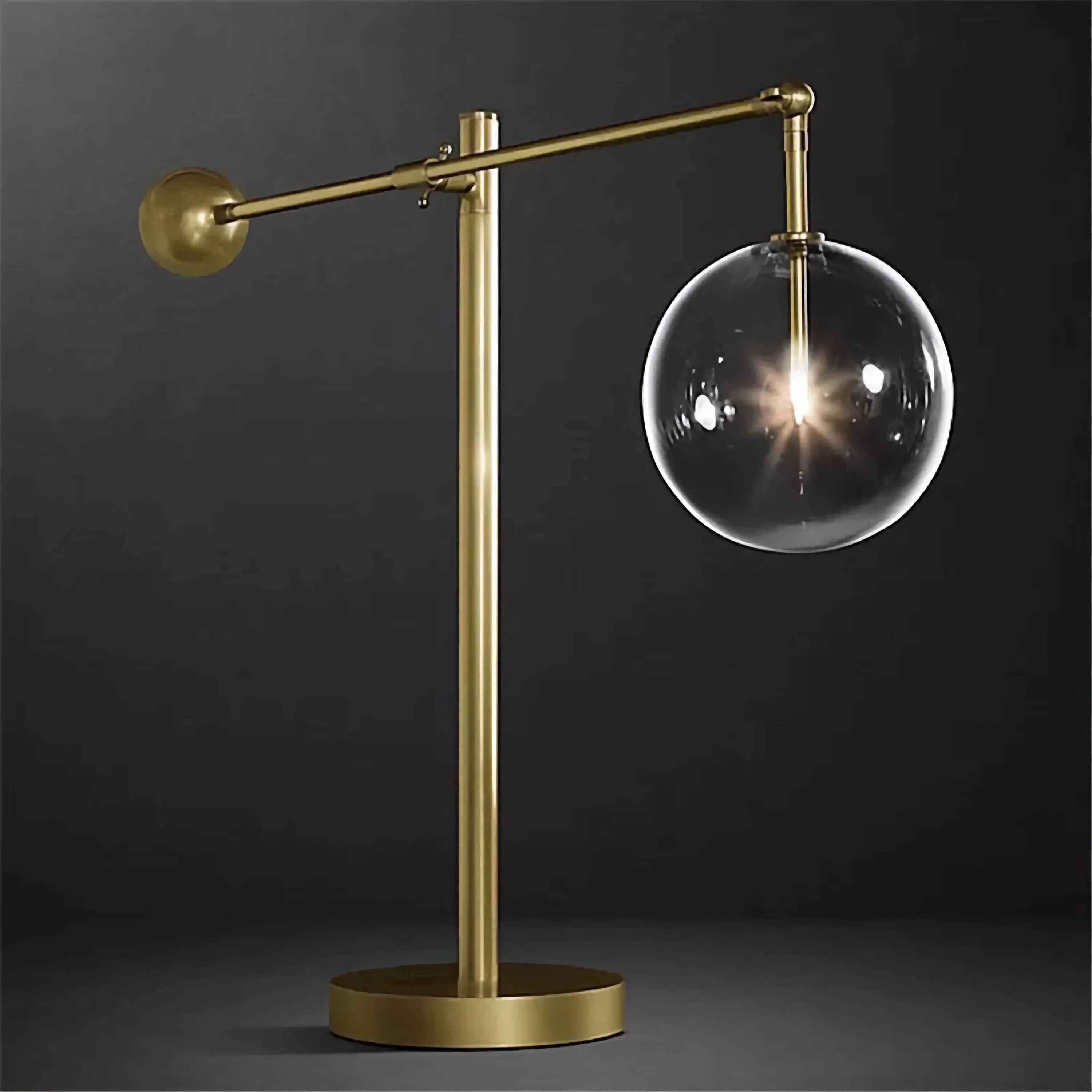 Globe lamp with horizontal copper arm in a living room