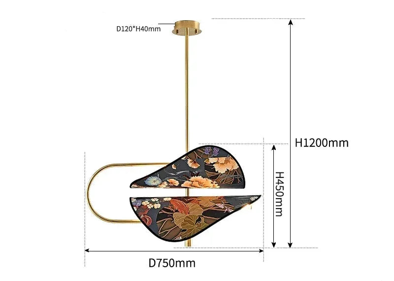 Modern Brass Pendant Light | Italian Akira Leaf Panels Hand Painted Floral | Luxury Dimmable Dining Fixture