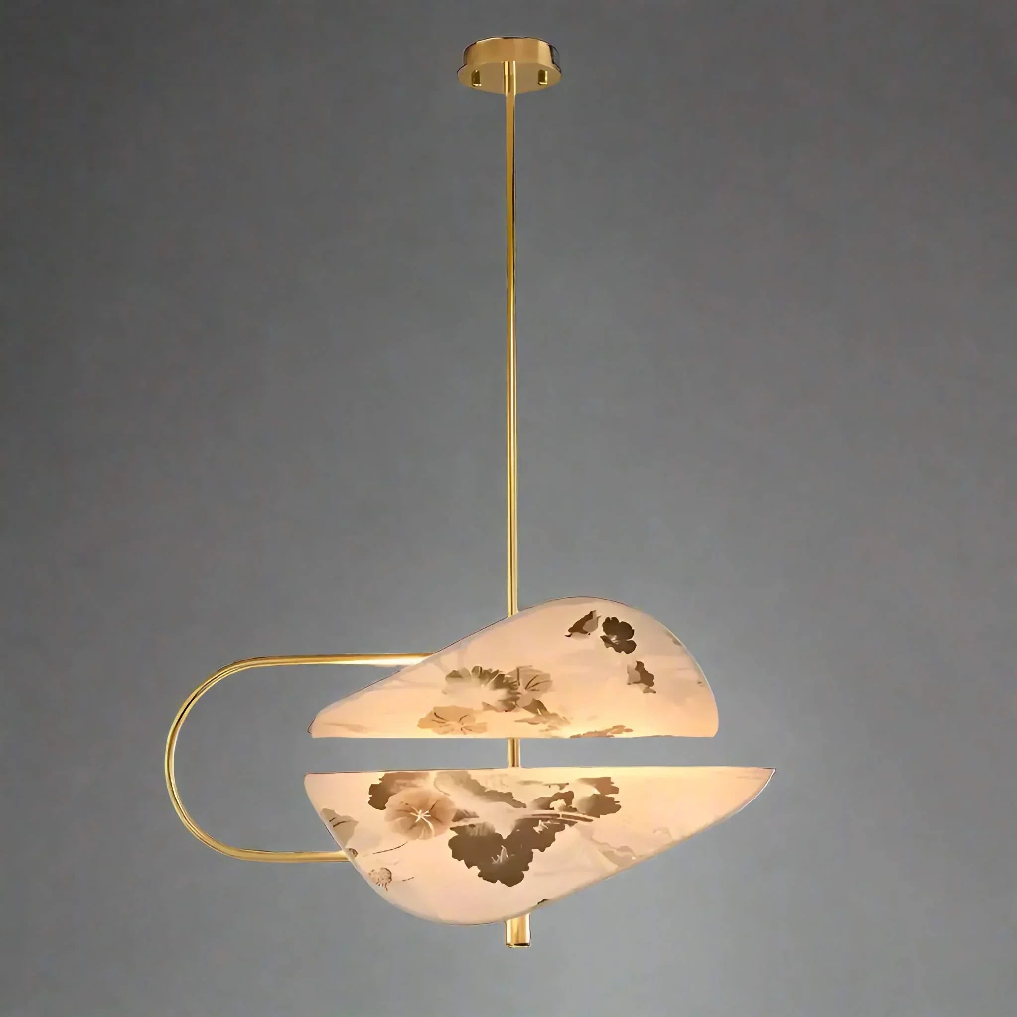Modern Brass Pendant Light | Italian Akira Leaf Panels Hand Painted Floral | Luxury Dimmable Dining Fixture